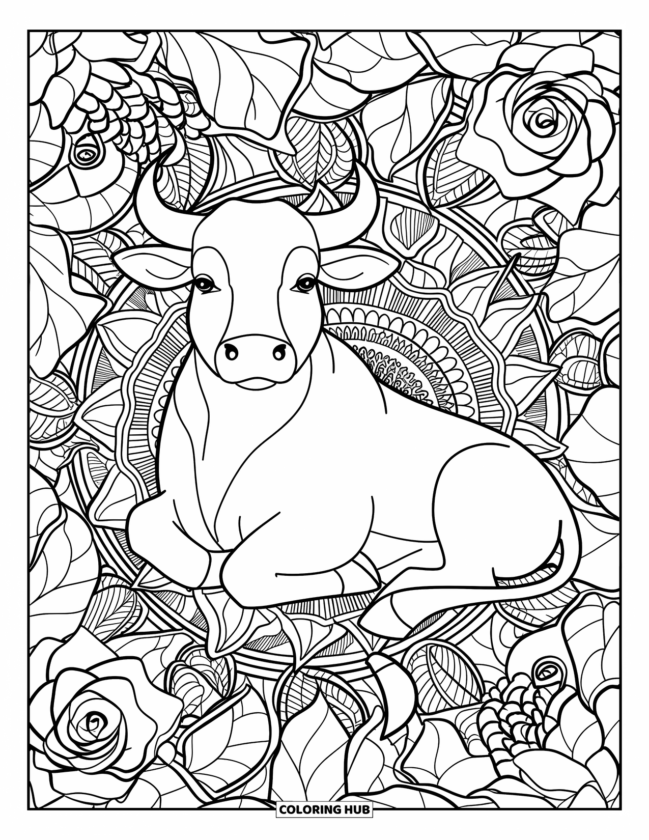Bull Coloring Page for Adults: A peaceful bull rests in a tangle of roses and mandala-style patterned leaves