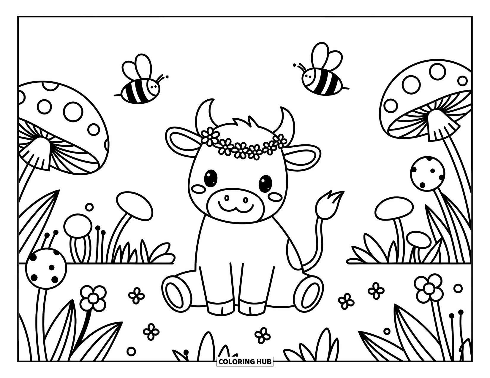 Bull Coloring Page for Adults: A peaceful bull with flowers on its head rests in a meadow with buzzing bees