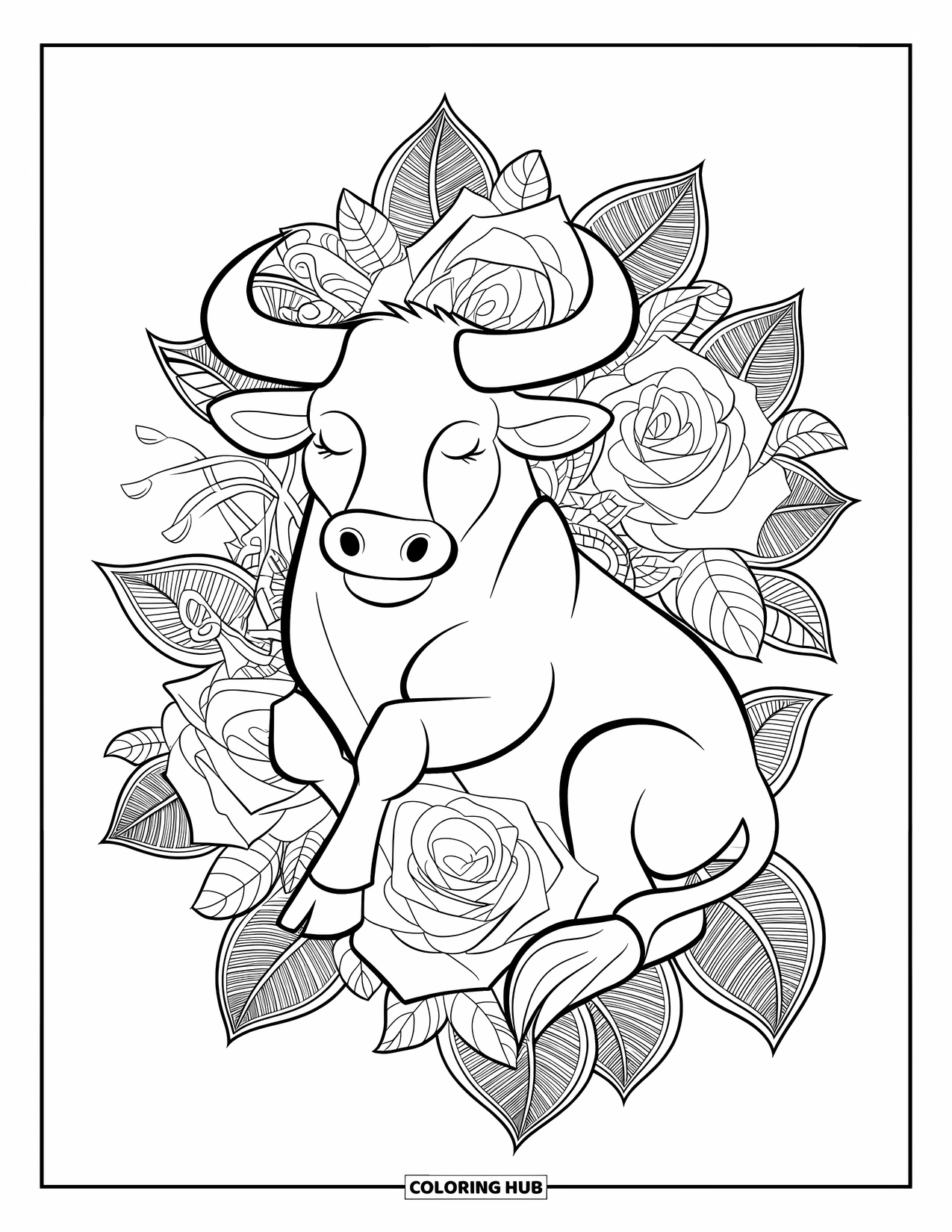 Bull Coloring Page for Adults: A relaxed bull with closed eyes sits among roses and patterned mandala leaves