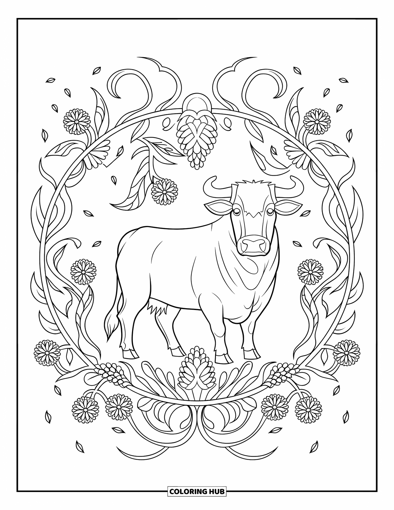 Bull Coloring Page for Adults: A standing bull is surrounded by vines and wildflowers in a circular pattern