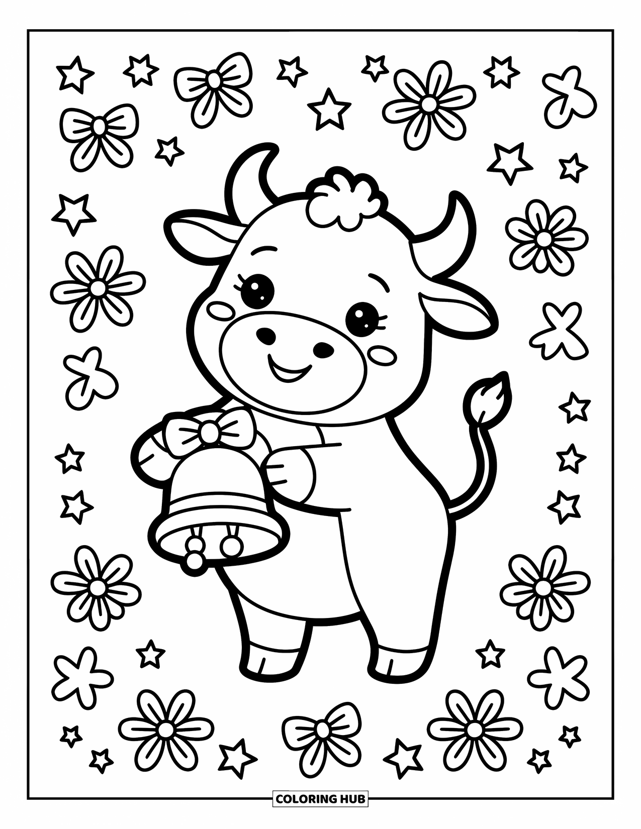 Bull Coloring Page for Adults: A sweet bull stands proudly with a cowbell as stars and flowers float nearby