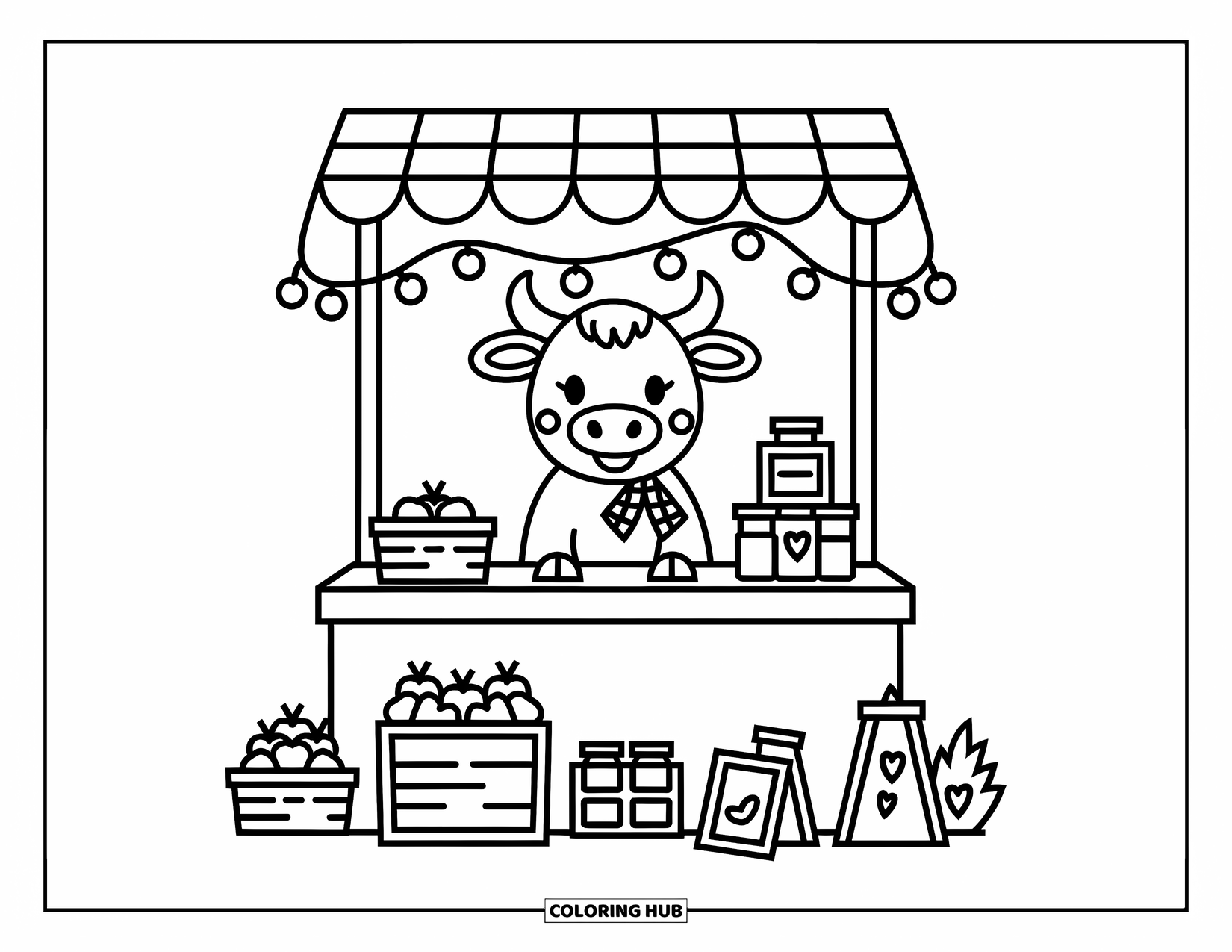 Bull Coloring Page for Adults: A sweet bull with a checkered cloth runs a tiny market with apples and fairy lights