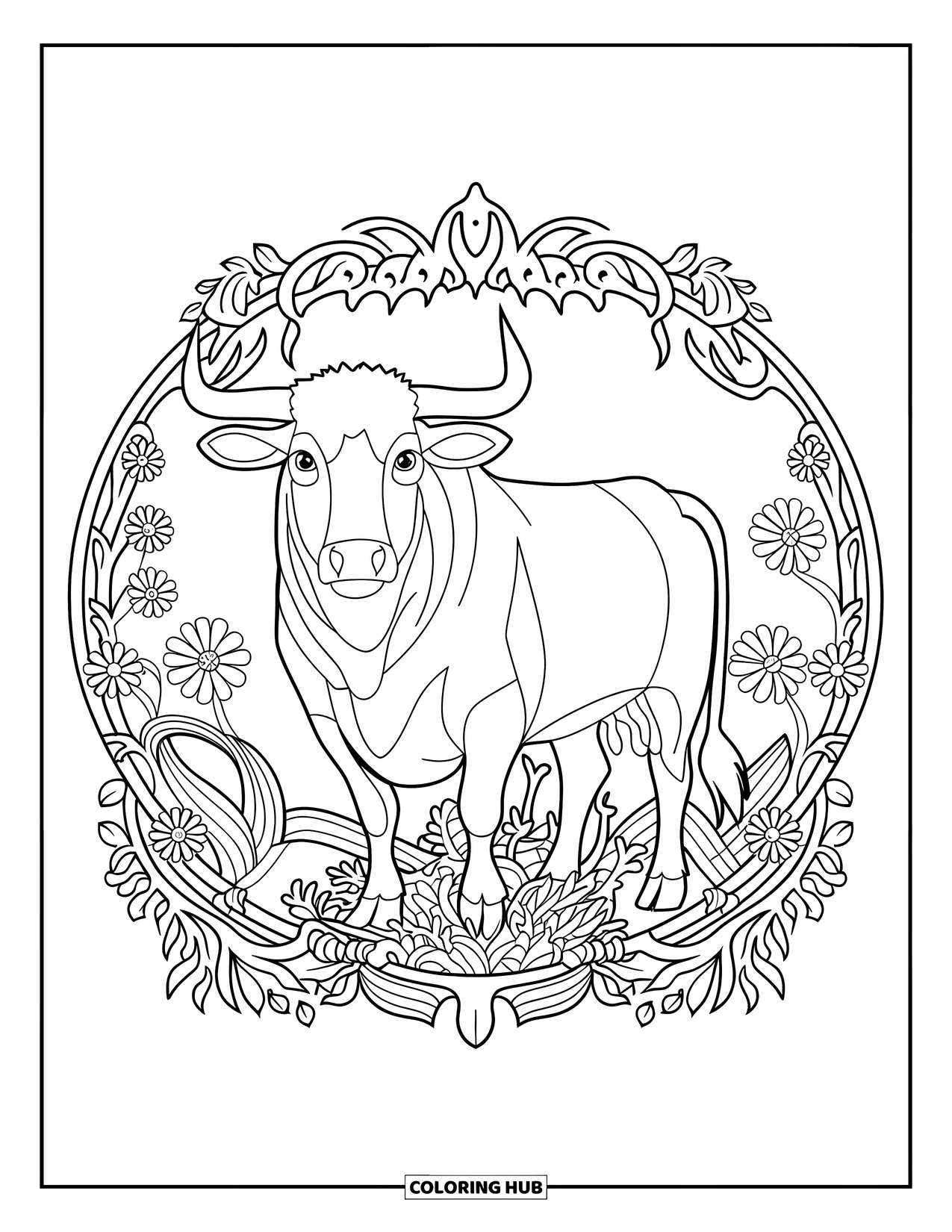 Bull Coloring Page for Adults: A symmetrical design shows a standing bull among ornate vines and blooming wildflowers