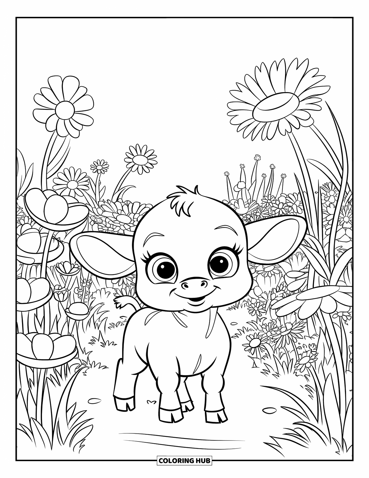 Bull Coloring Page for Kids: A baby bull with floppy ears stands on a path through a field of flowers