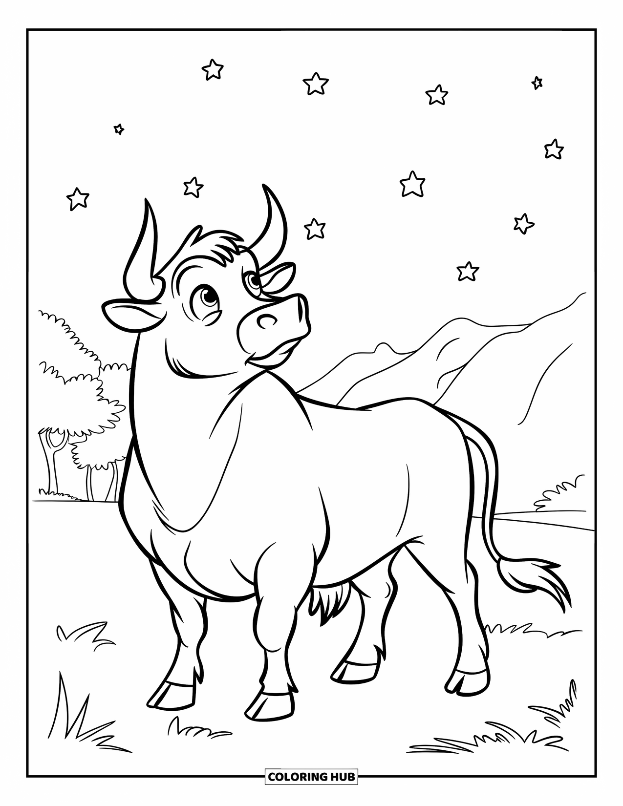 Bull Coloring Page for Kids: A bull gazes up at the stars while standing peacefully in a quiet field
