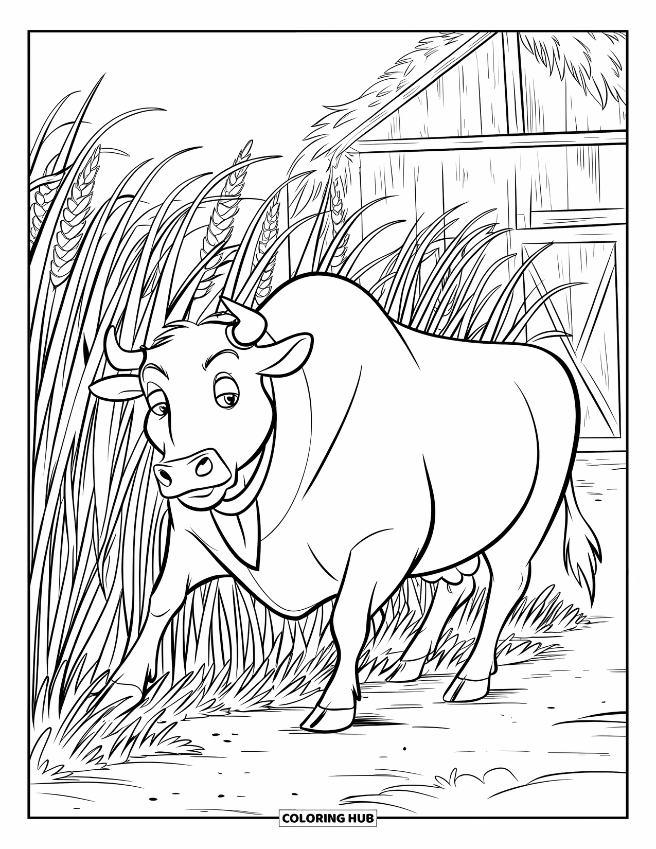 Bull Coloring Page for Kids: A bull moves through tall grass with a wooden barn in the distance
