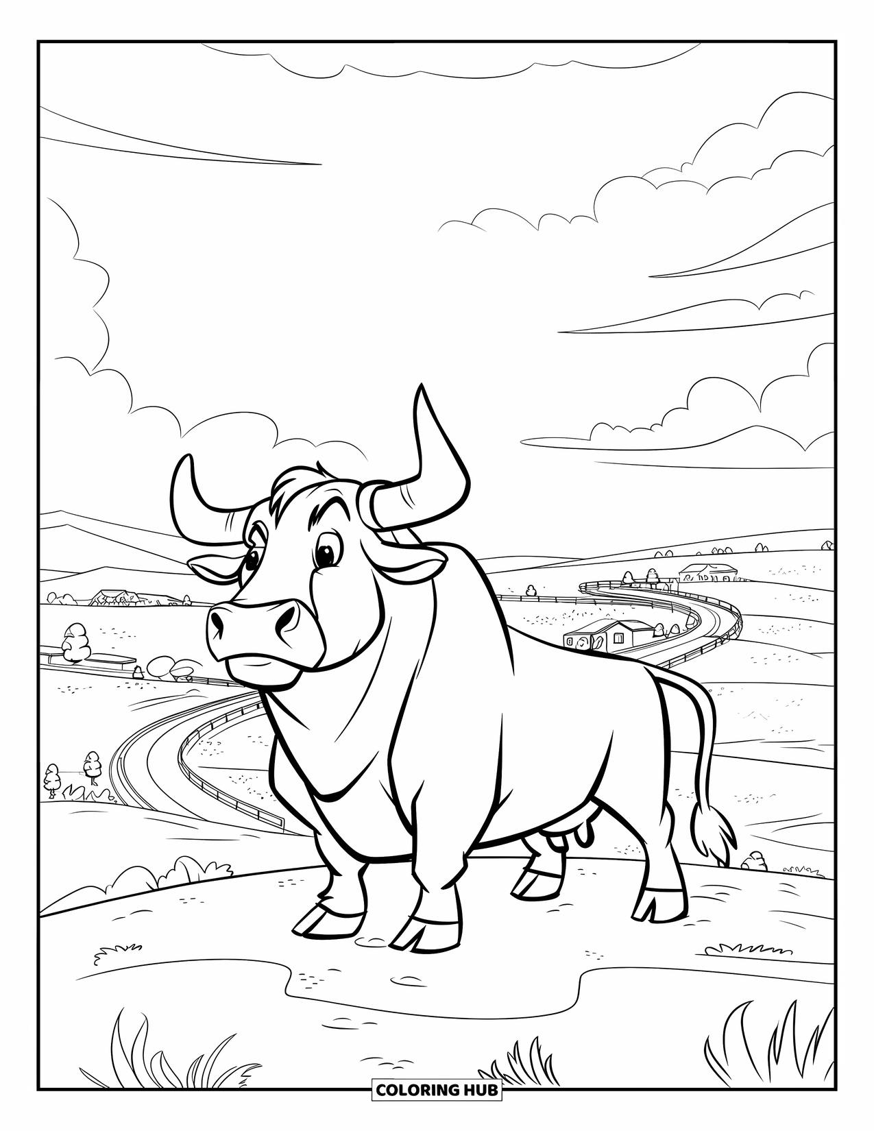 Bull Coloring Page for Kids: A bull stands tall on a hill above a winding road and wide landscape