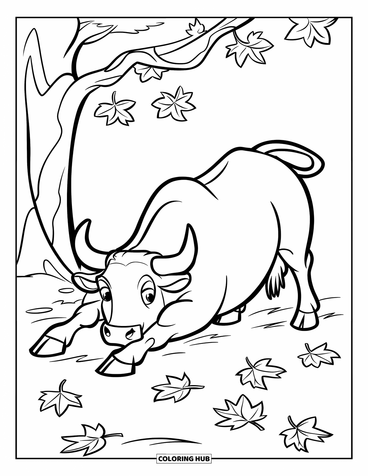 Bull Coloring Page for Kids: A bull stretches beside a tree surrounded by scattered autumn leaves
