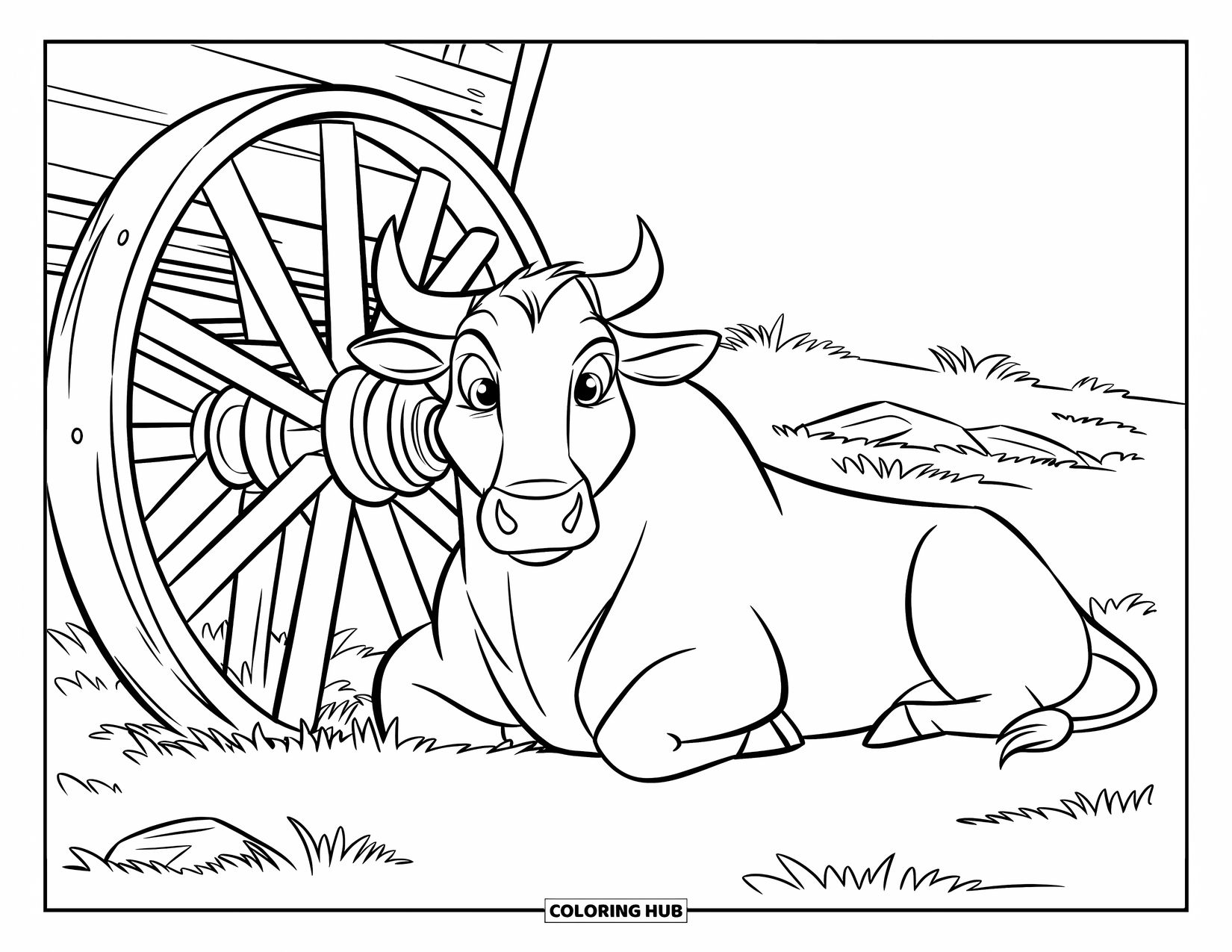 Bull Coloring Page for Kids: A bull with big eyes rests beside an old wagon wheel in a quiet field