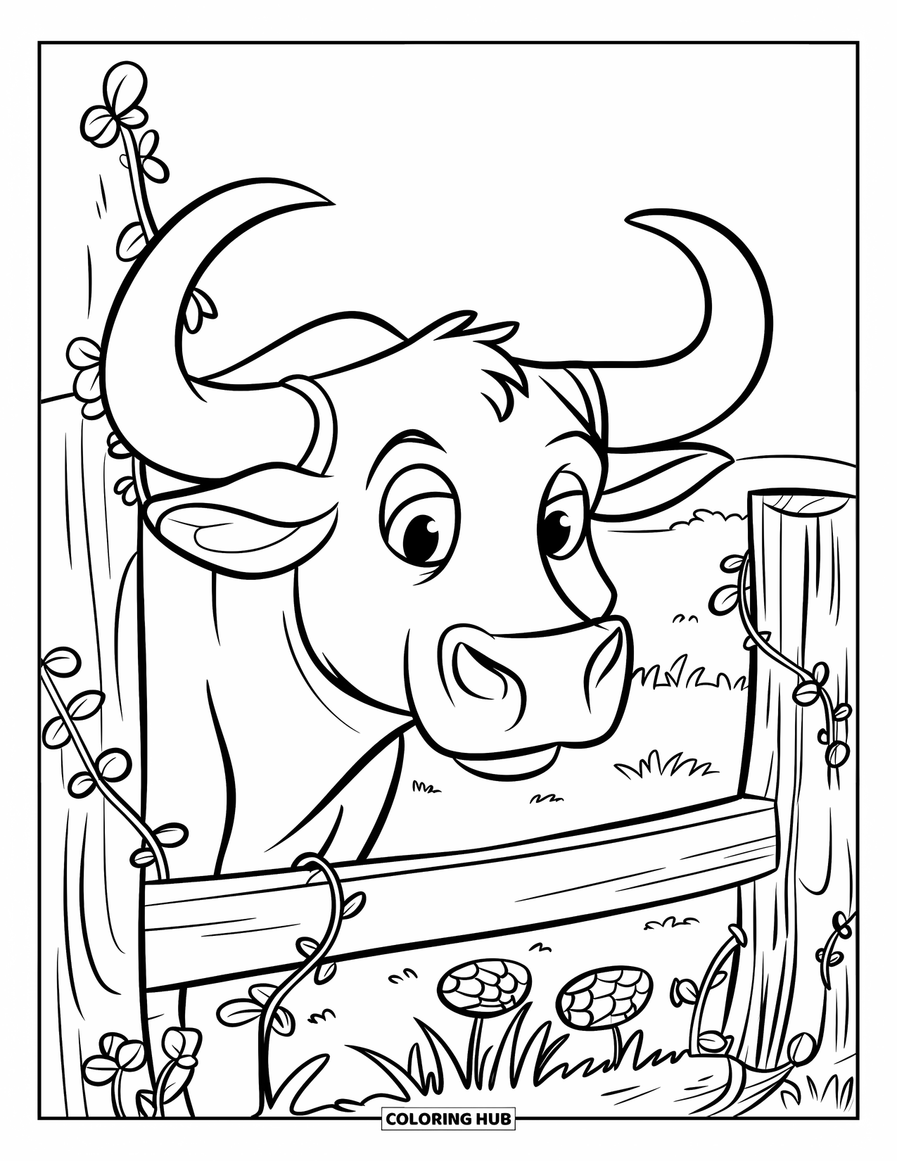 Bull Coloring Page for Kids: A bull with curly horns peeks through a flower-covered wooden fence