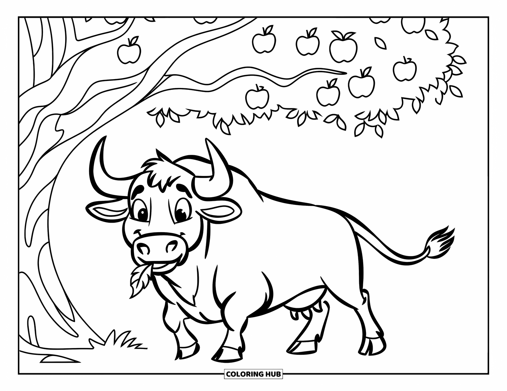 Bull Coloring Page for Kids: A calm bull chews a leaf while standing under a large apple tree