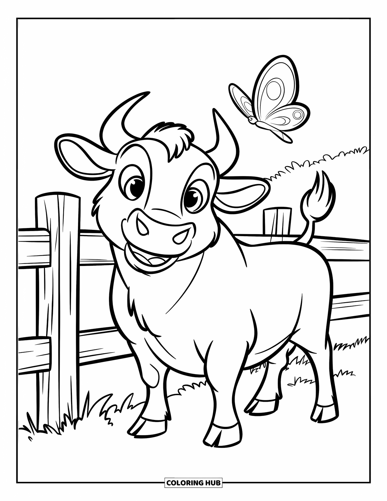 Bull Coloring Page for Kids: A calm bull stands near a fence while a butterfly hovers above