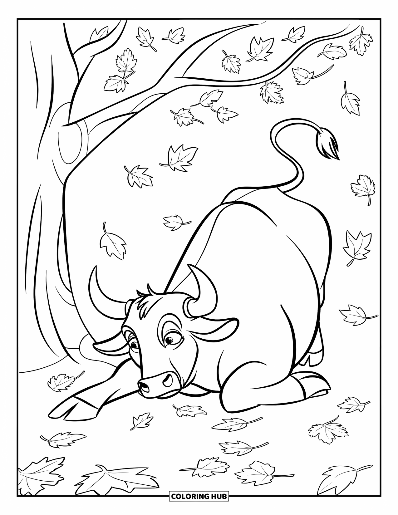 Bull Coloring Page for Kids: A cheerful bull stretches beside a tree with colorful autumn leaves