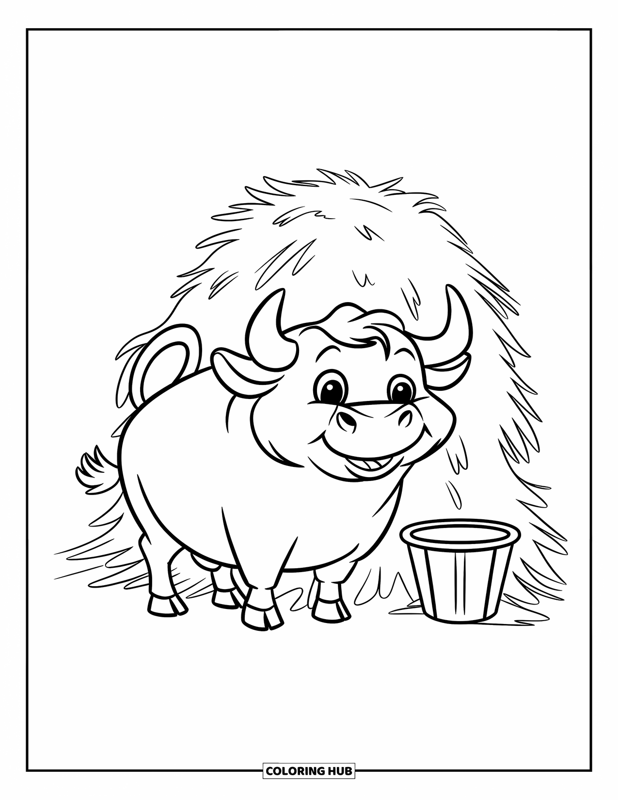 Bull Coloring Page for Kids: A chubby bull smiles beside a haystack with a pail nearby