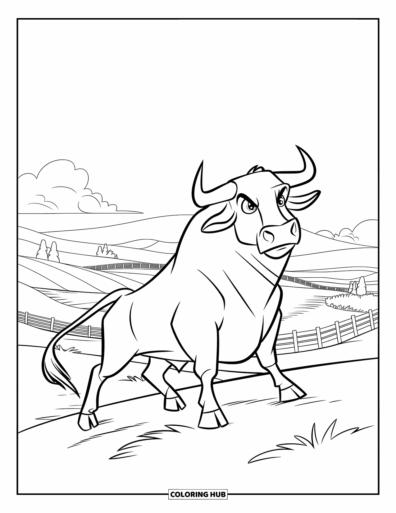 Bull Coloring Page for Kids: A confident bull looks over rolling hills and trees from a ranch hilltop