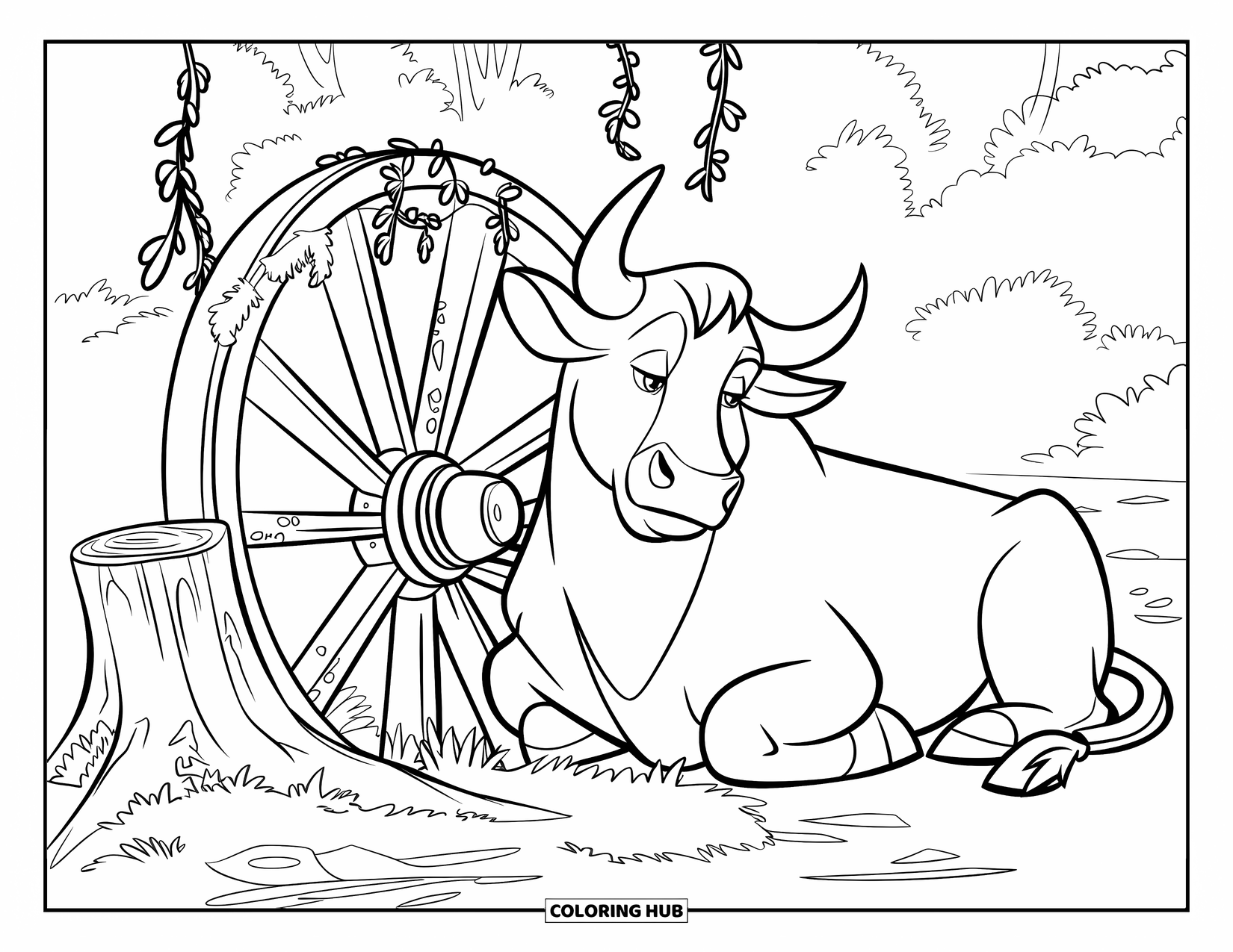 Bull Coloring Page for Kids: A content bull rests by a vine-covered wagon wheel in a peaceful forest