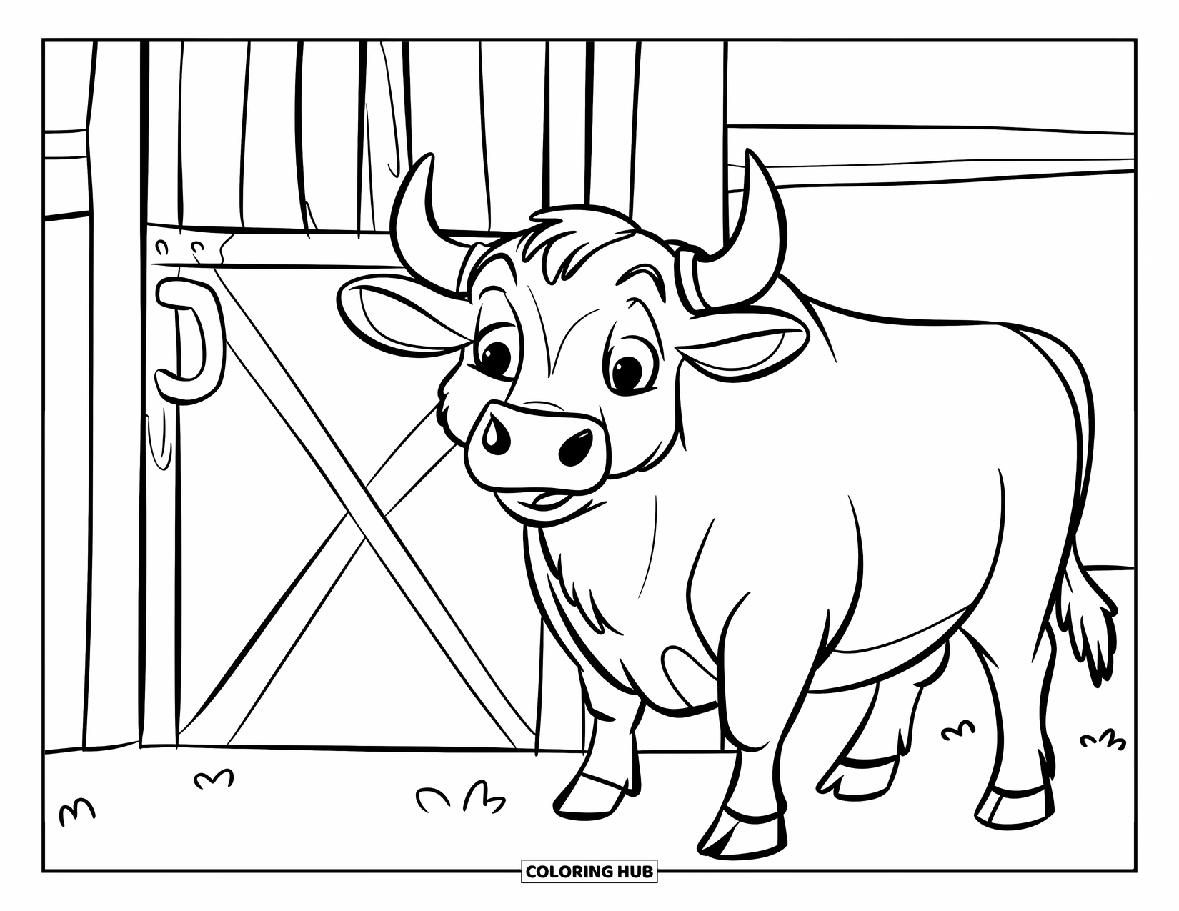 Bull Coloring Page for Kids: A curious bull stands next to a barn door with round horns and wide eyes