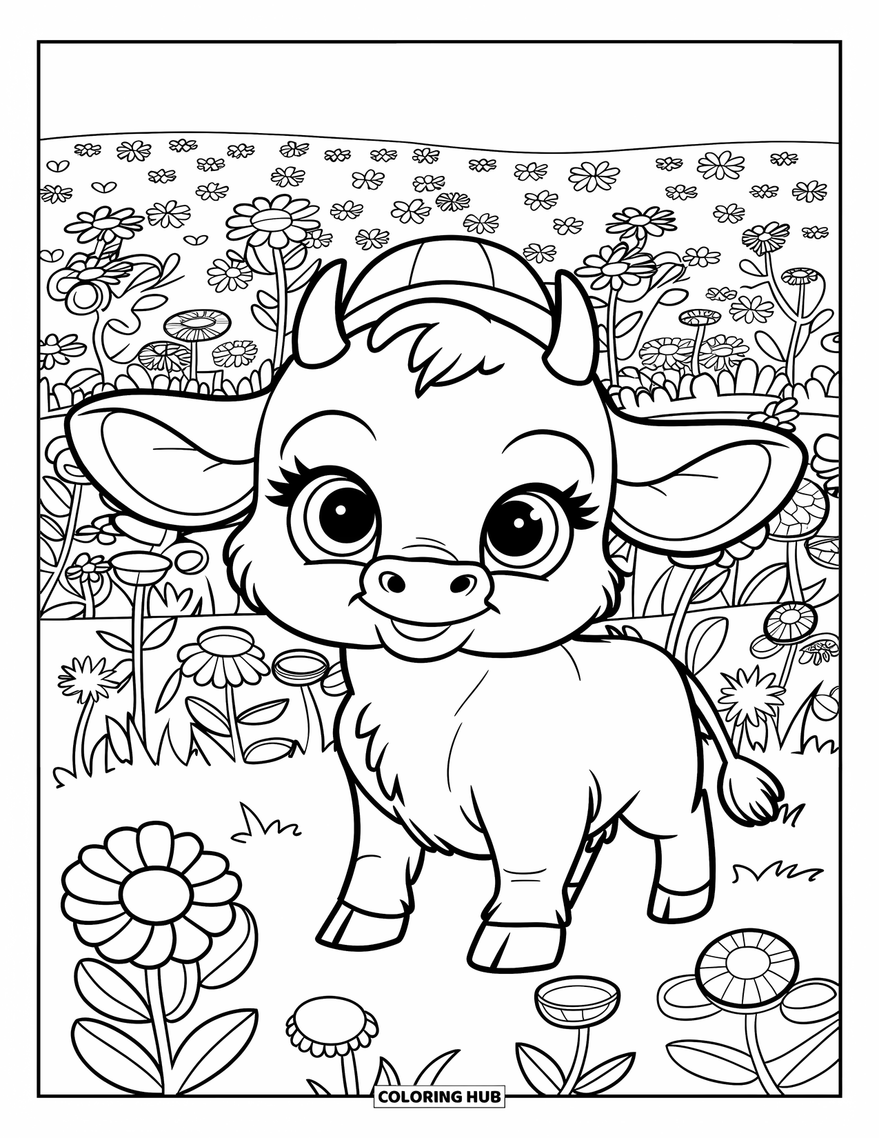 Bull Coloring Page for Kids: A fluffy baby bull in a hat stands surrounded by flowers of all shapes