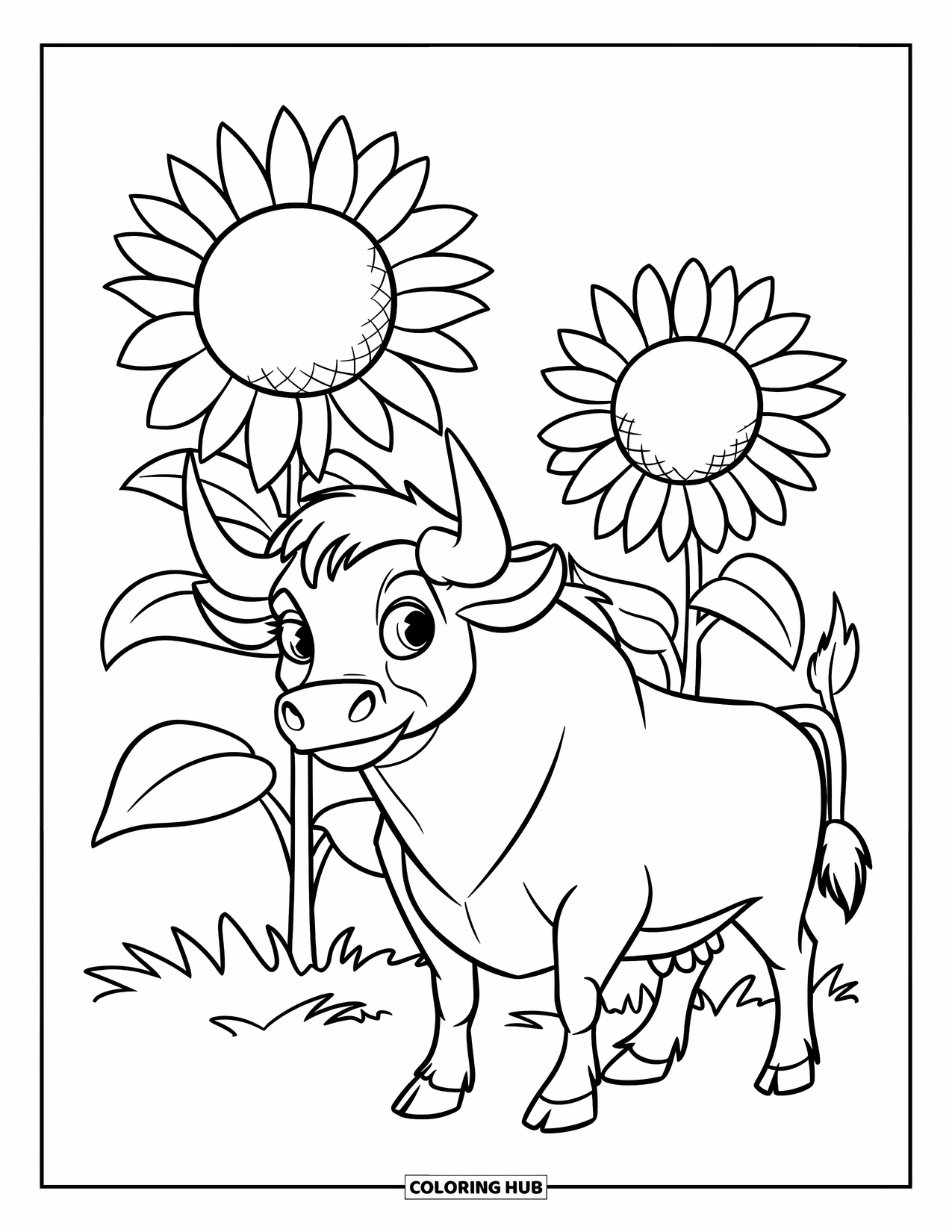 Bull Coloring Page for Kids: A fluffy bull with a red collar stands near tall sunflowers