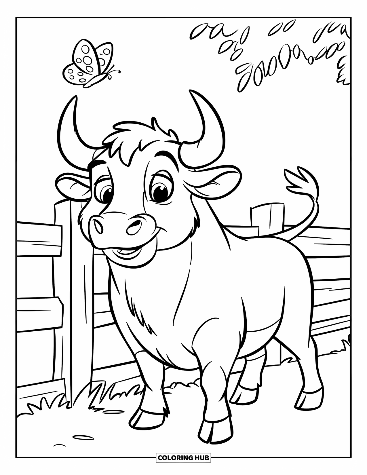 Bull Coloring Page for Kids: A friendly bull stands beside a wooden fence with a butterfly above