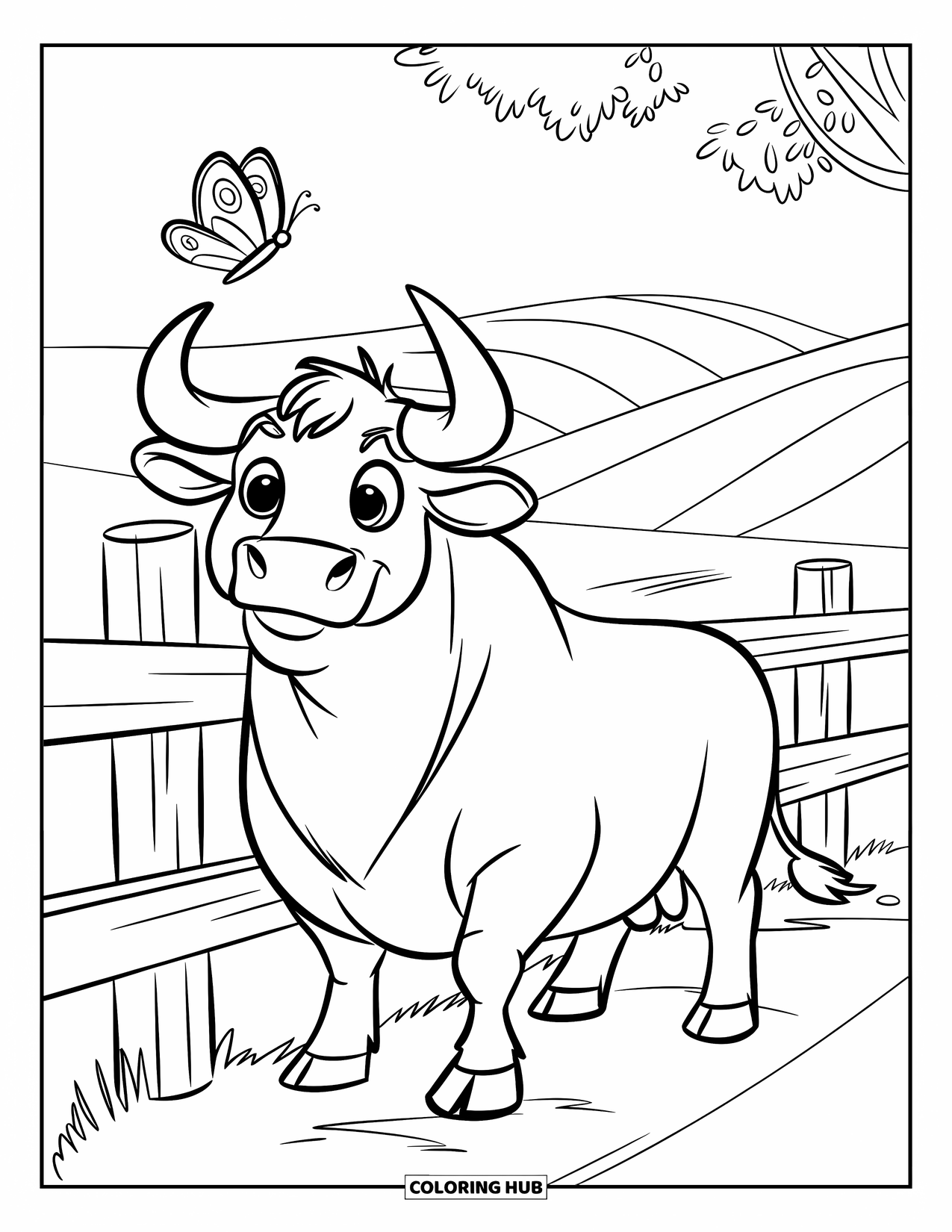 Bull Coloring Page for Kids: A gentle bull stands near a wooden fence with a butterfly flying overhead