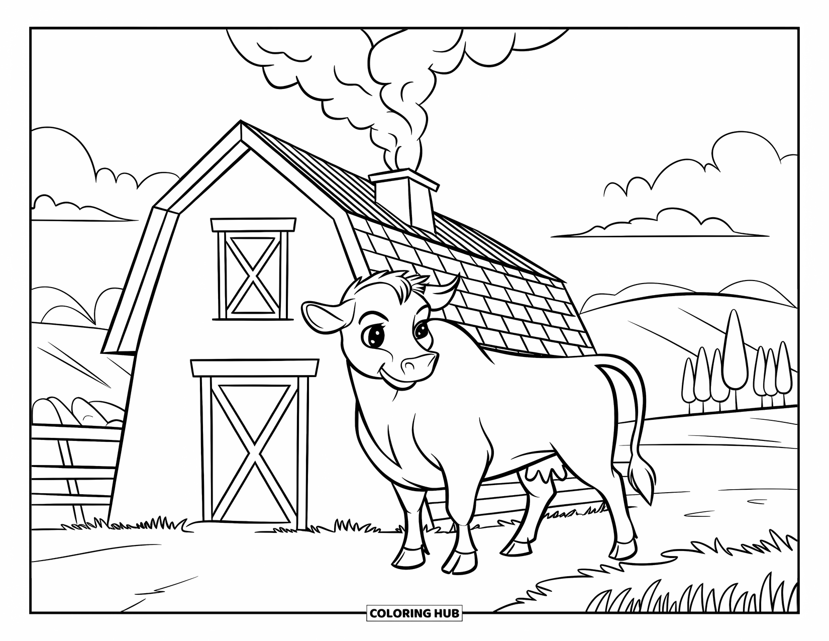 Bull Coloring Page for Kids: A happy bull stands near a warm barn with hills and clouds behind
