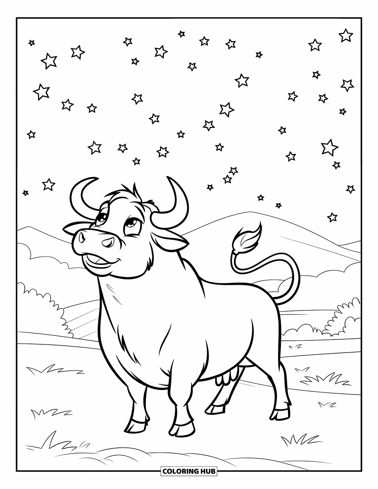 Bull Coloring Page for Kids: A peaceful bull stands in a field under a starry night sky