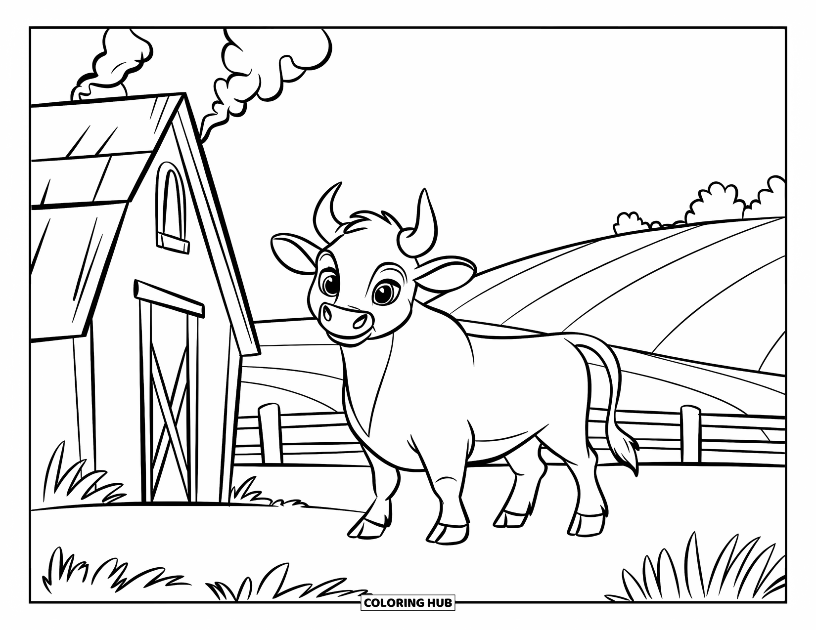 Bull Coloring Page for Kids: A peaceful bull stands near a barn with trees and hills around