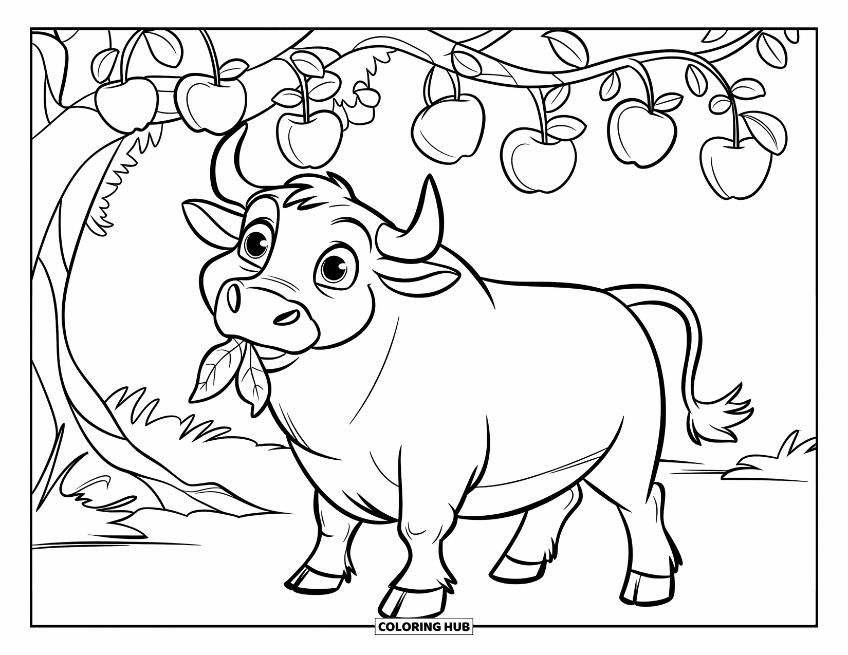 Bull Coloring Page for Kids: A peaceful bull with a leaf in its mouth stands under a big apple tree