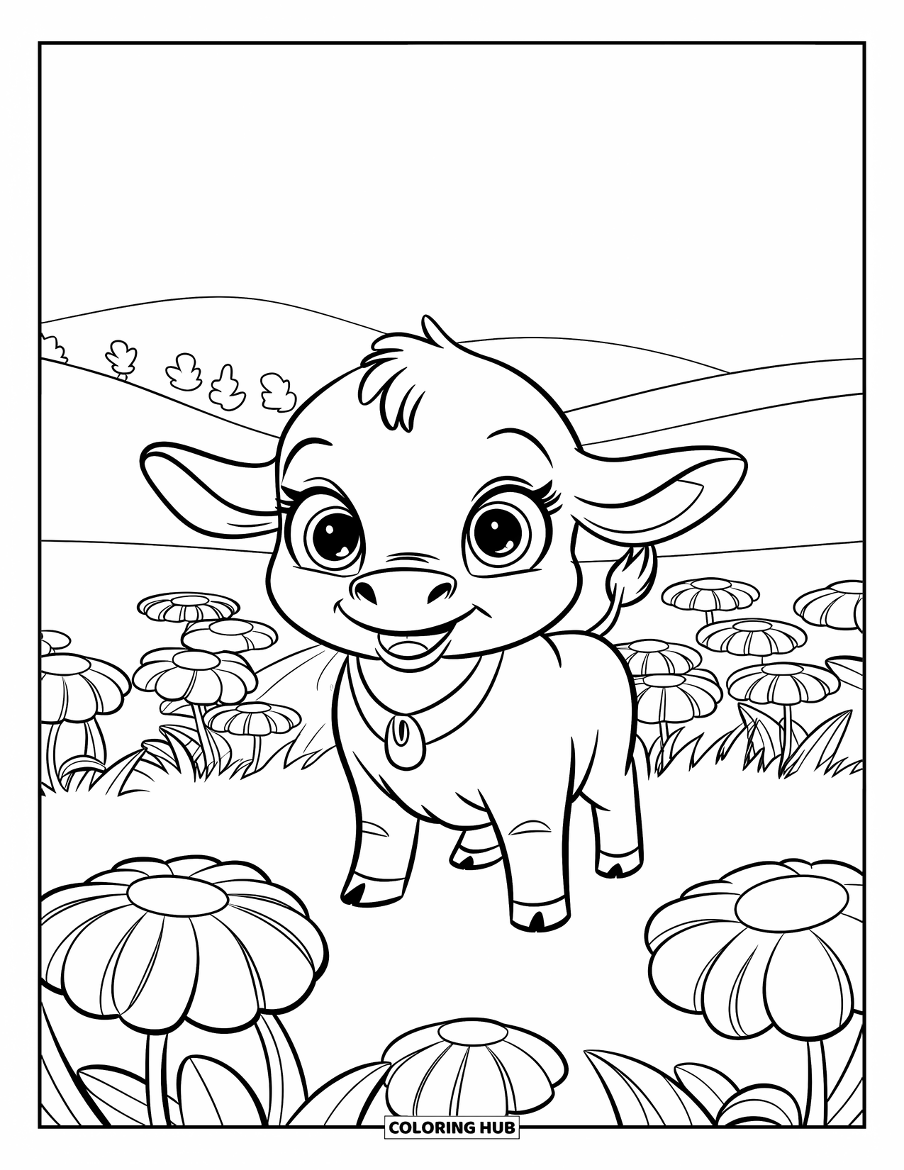 Bull Coloring Page for Kids: A playful baby bull with a collar stands in a field full of blooming flowers