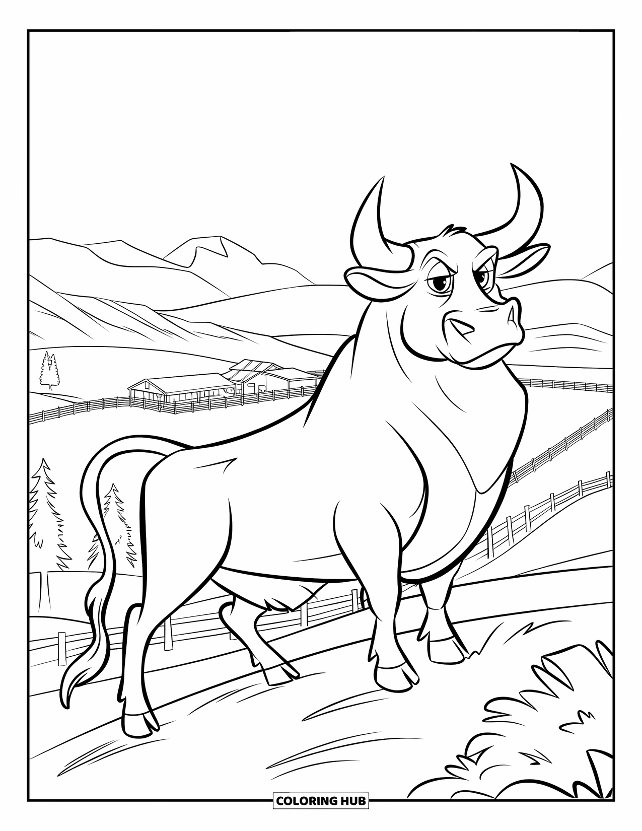 Bull Coloring Page for Kids: A powerful bull stands on a hill with trees, fences, and mountains behind