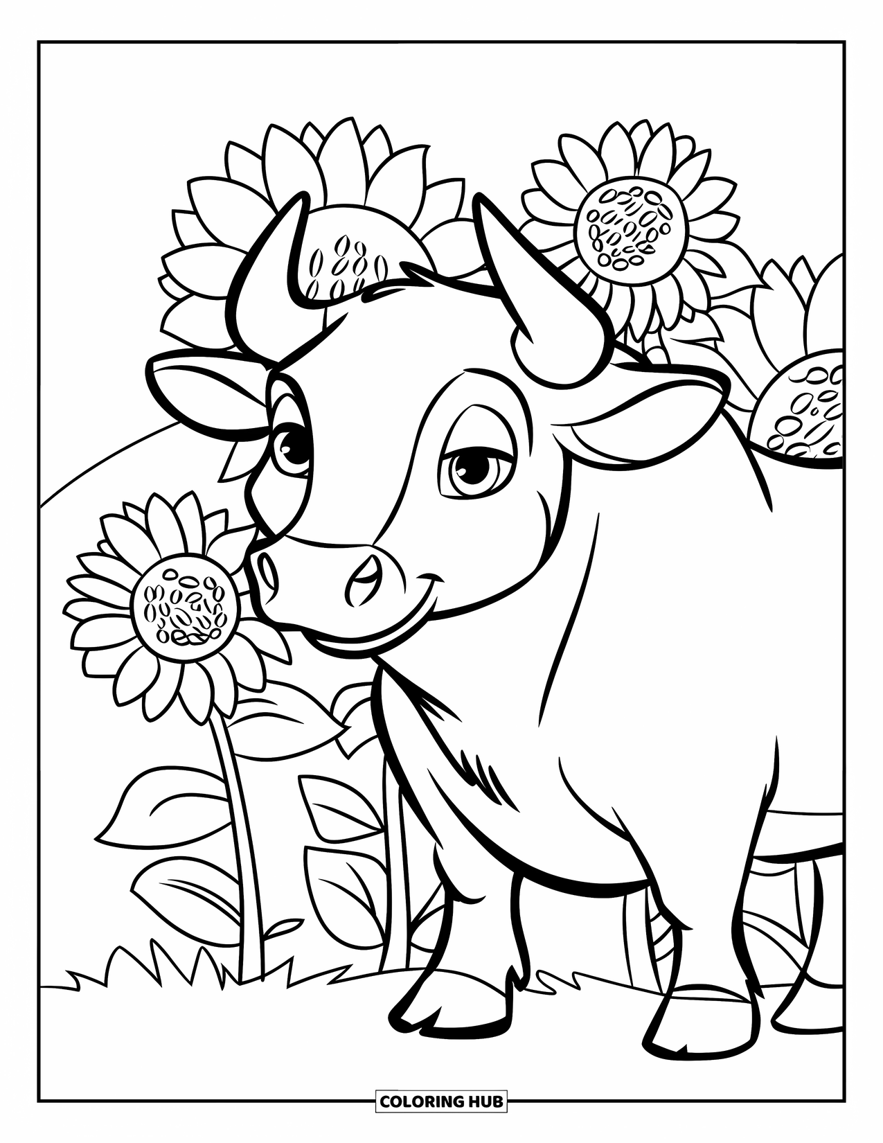 Bull Coloring Page for Kids: A soft-eyed bull stands beside a sunflower patch in a green field
