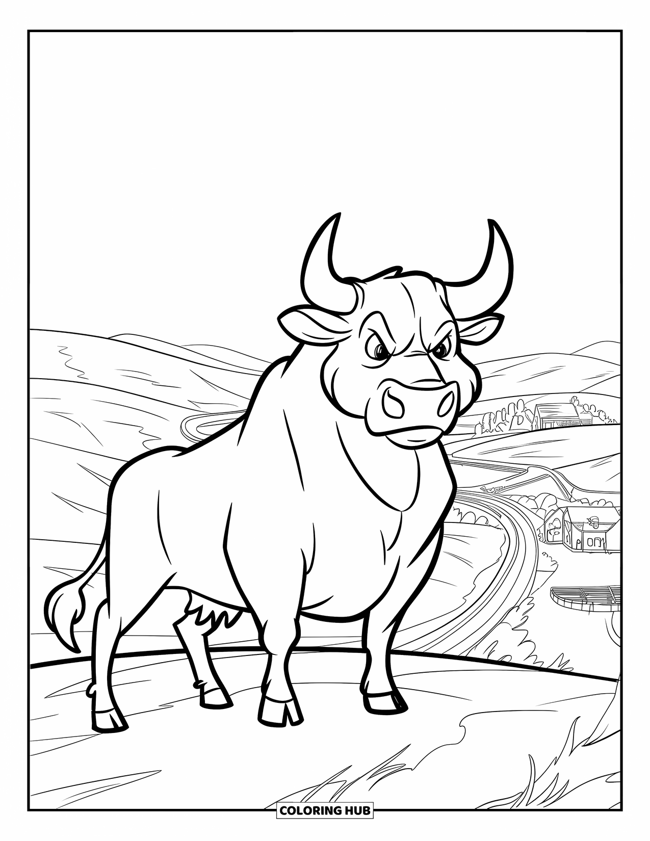 Bull Coloring Page for Kids: A strong bull stands on a hill looking over a wide ranch landscape