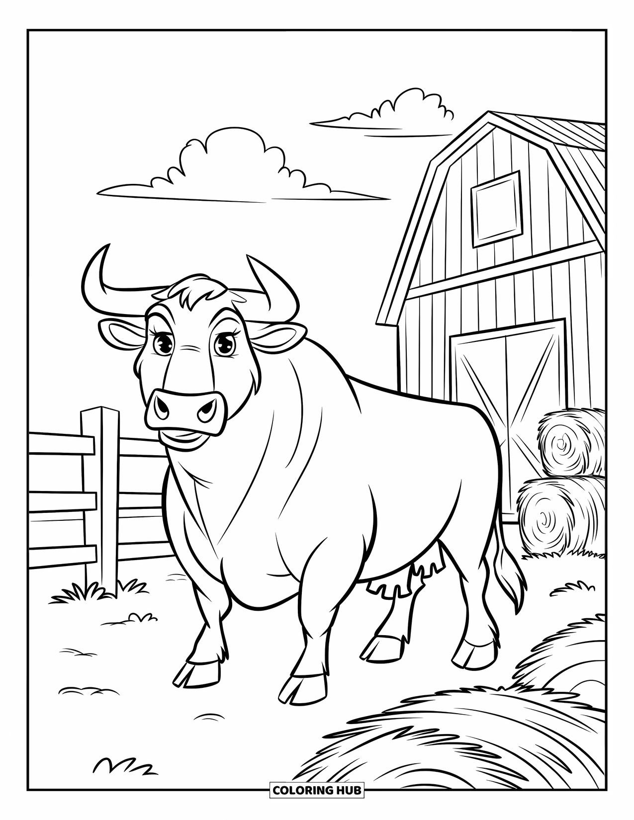Bull Coloring Page for Kids: A strong bull stands tall near hay bales and a red barn on the farm