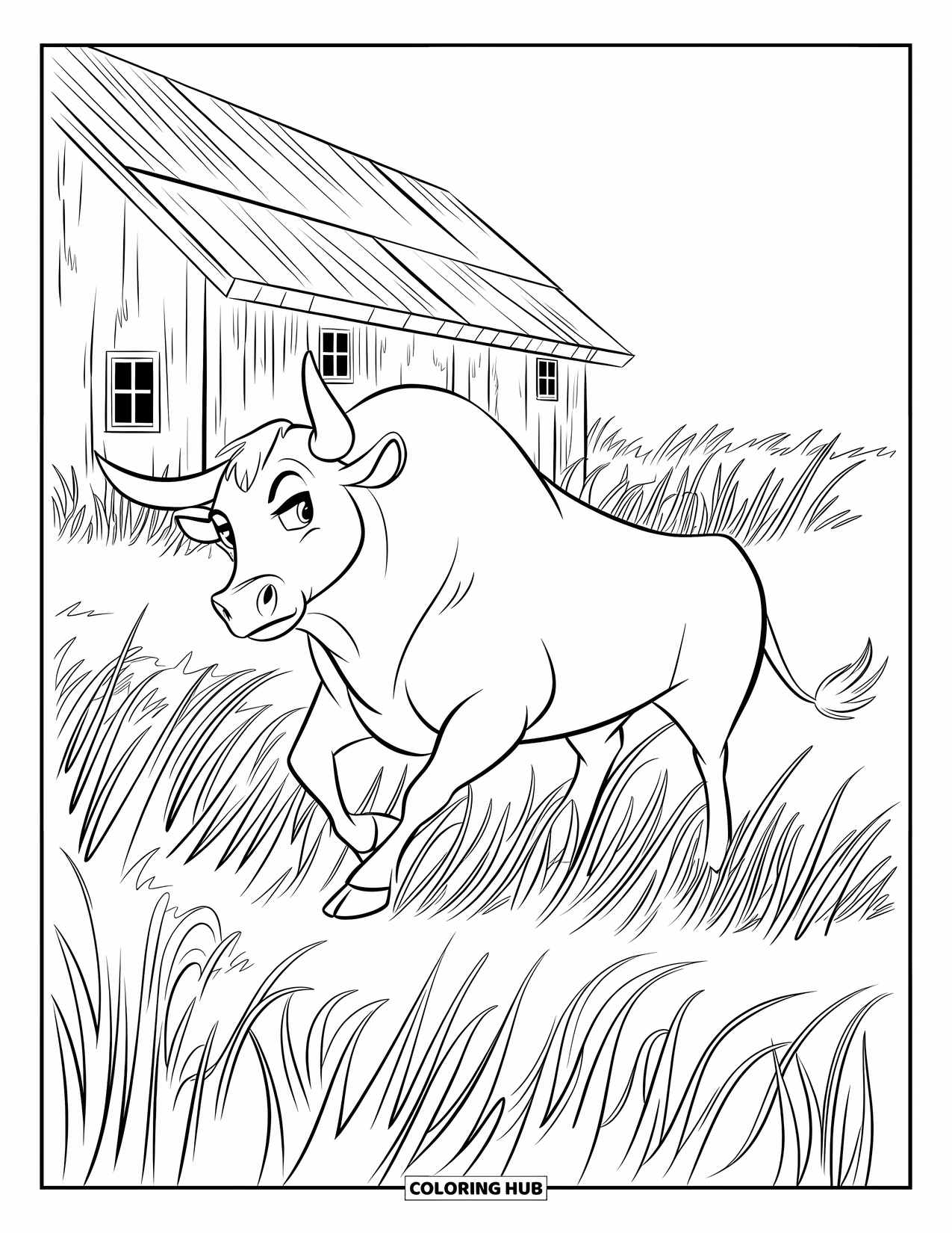 Bull Coloring Page for Kids: A walking bull lifts its leg as it passes a barn and tall grass