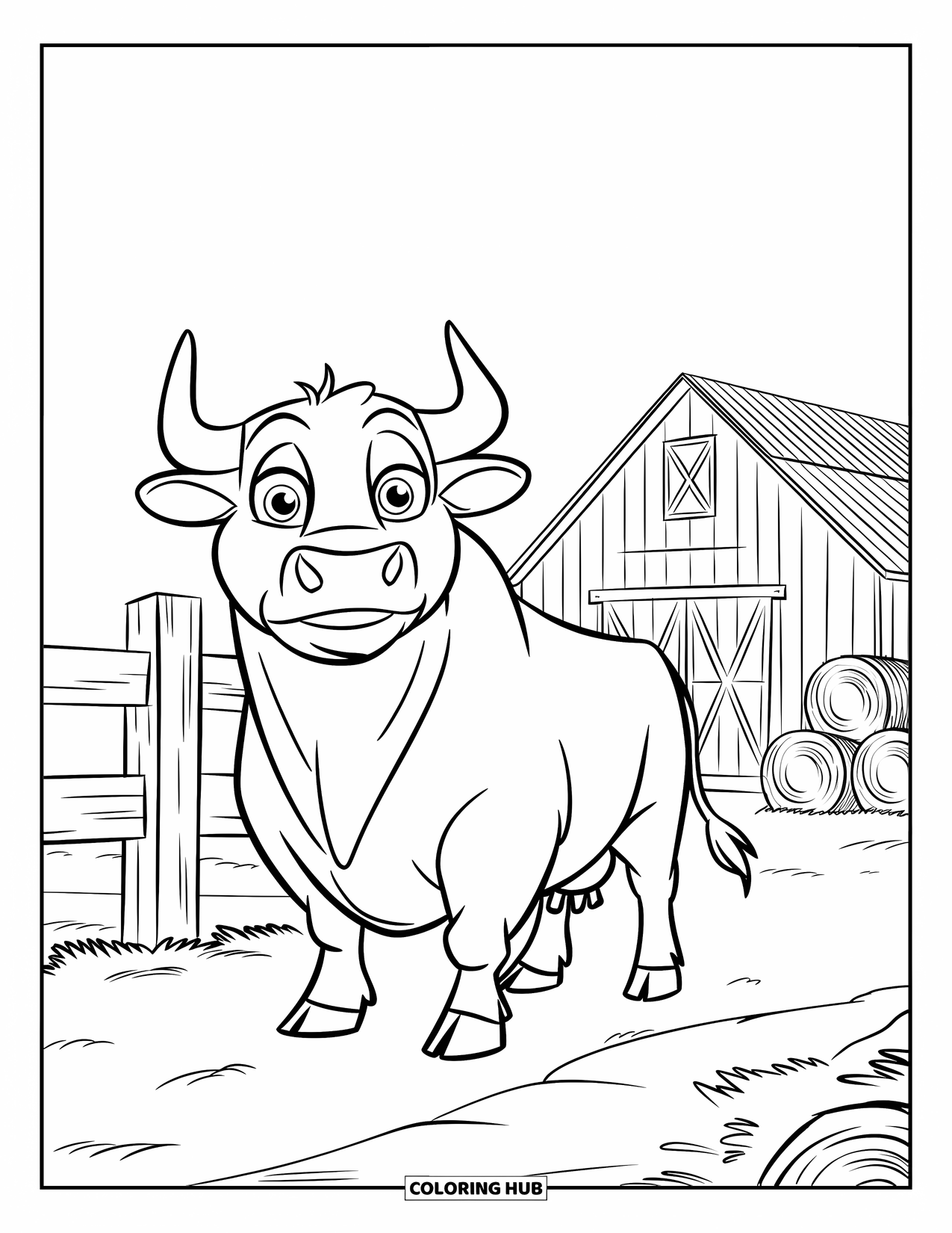 Bull Coloring Page for Kids: A wide-eyed bull stands proudly in a barnyard near hay bales and a fence