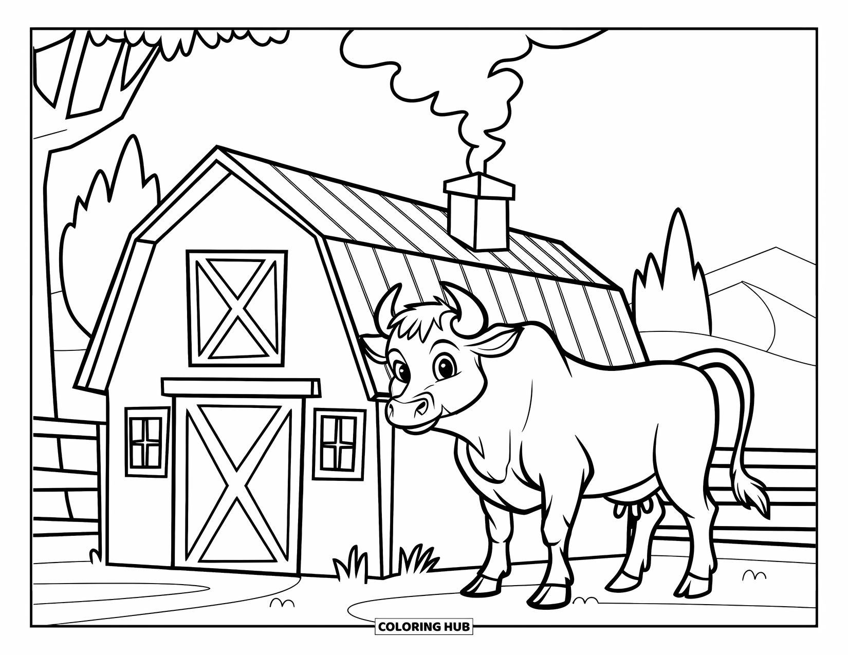 Bull Coloring Page for Kids: A young bull stands beside a cozy barn with smoke rising from the chimney