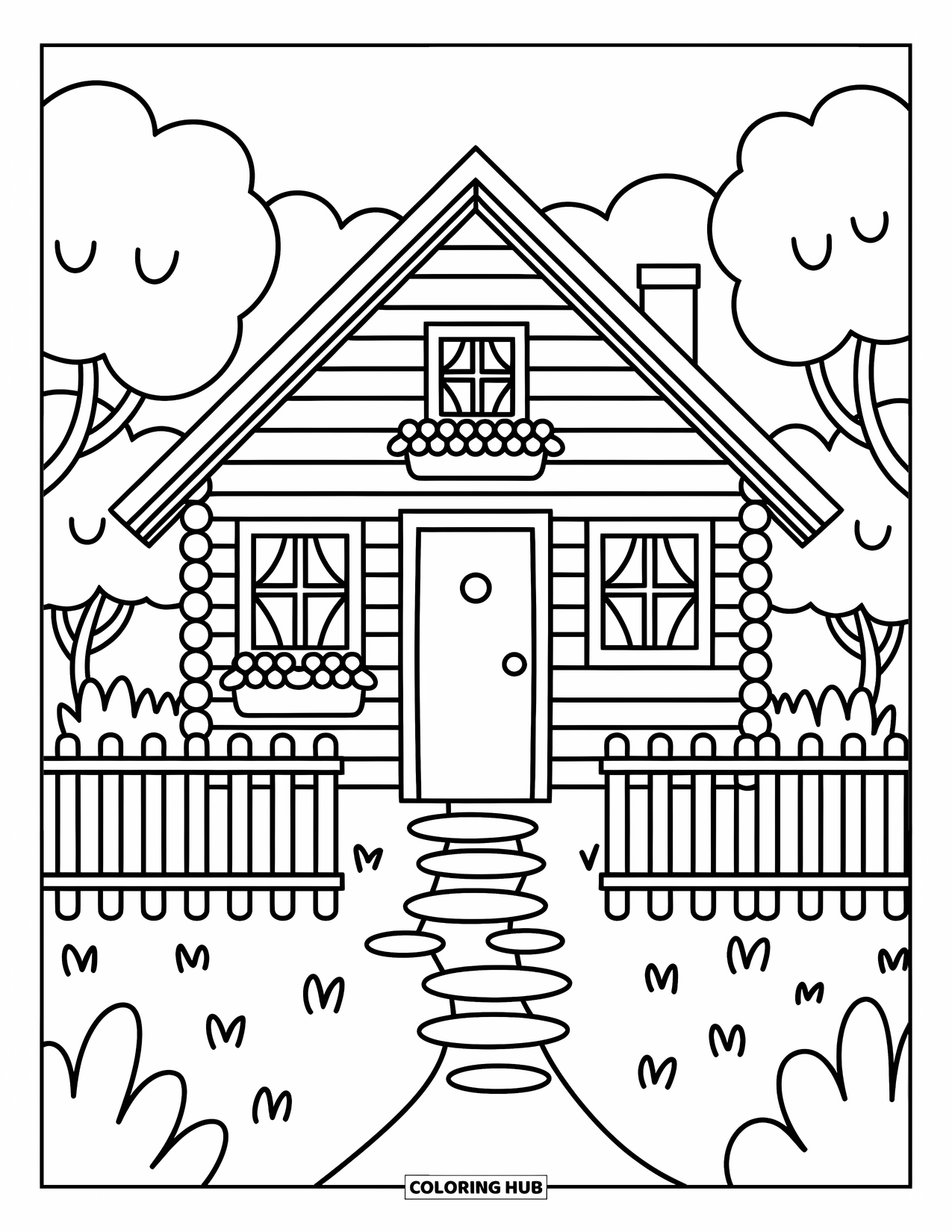Cabin Coloring Page for Adults: A-frame cabin with picket fence, flower box, and cute trail through puffy trees