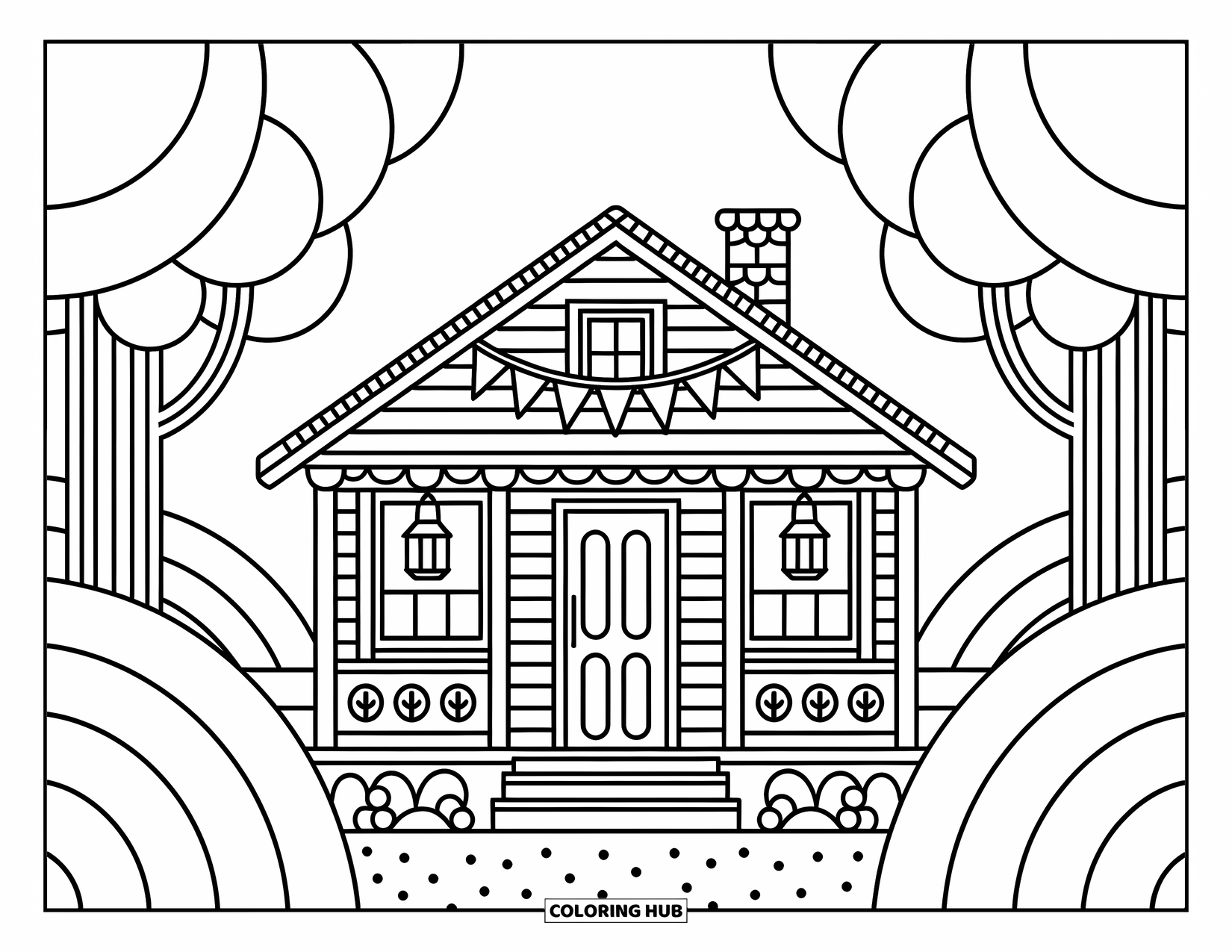 Cabin Coloring Page for Adults: Adorable cabin with porch lights and flag banner nestled between hills and trees