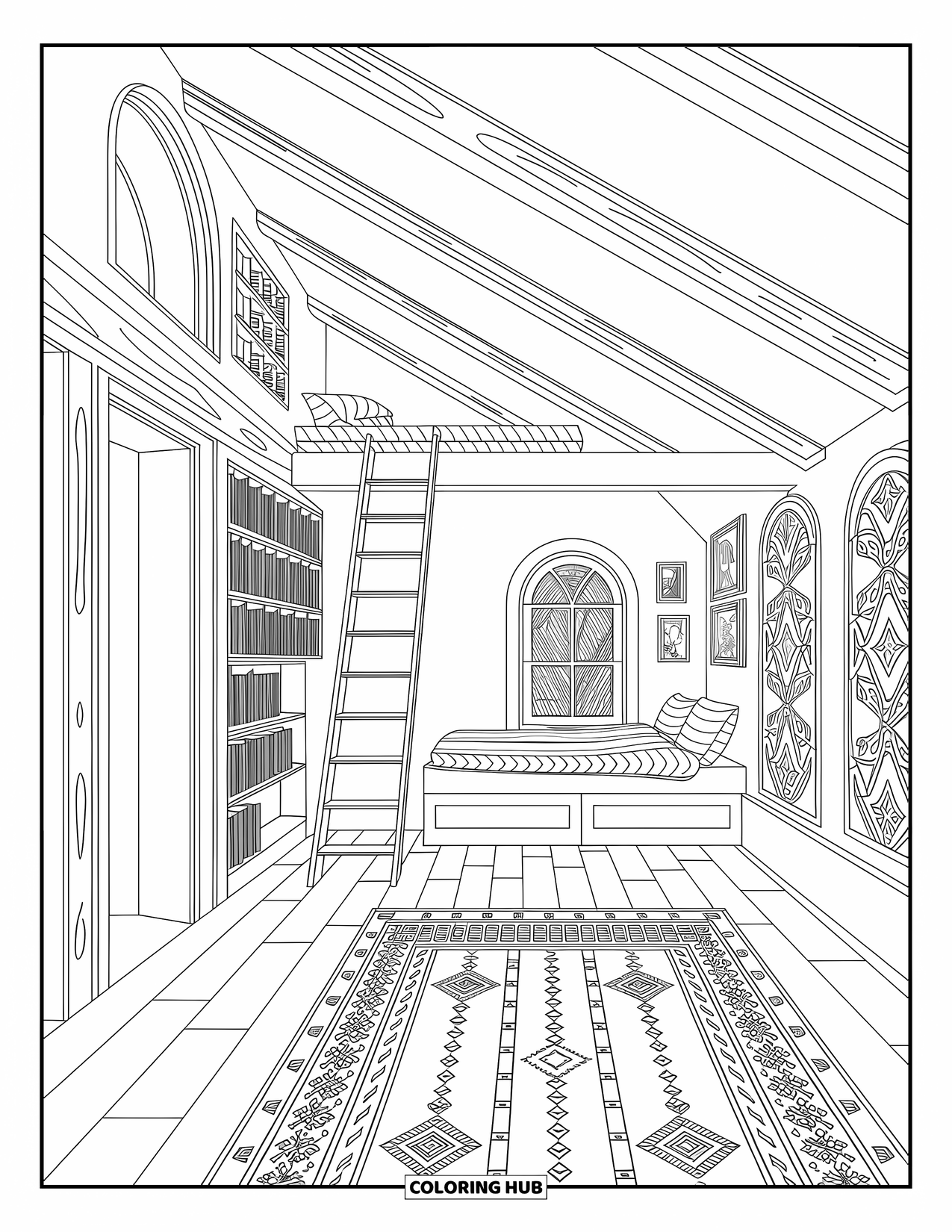 Cabin Coloring Page for Adults: Cabin interior with ladder, beams, and cozy window view