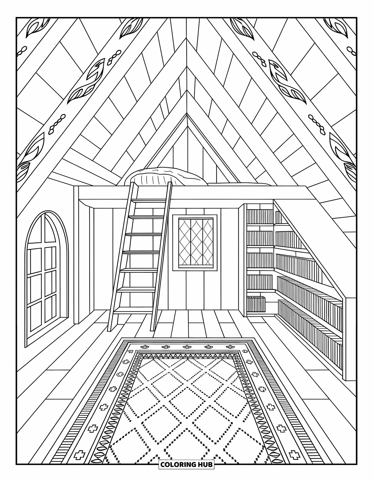 Cabin Coloring Page for Adults: Cabin loft interior with arched window, books, and cozy floor rug