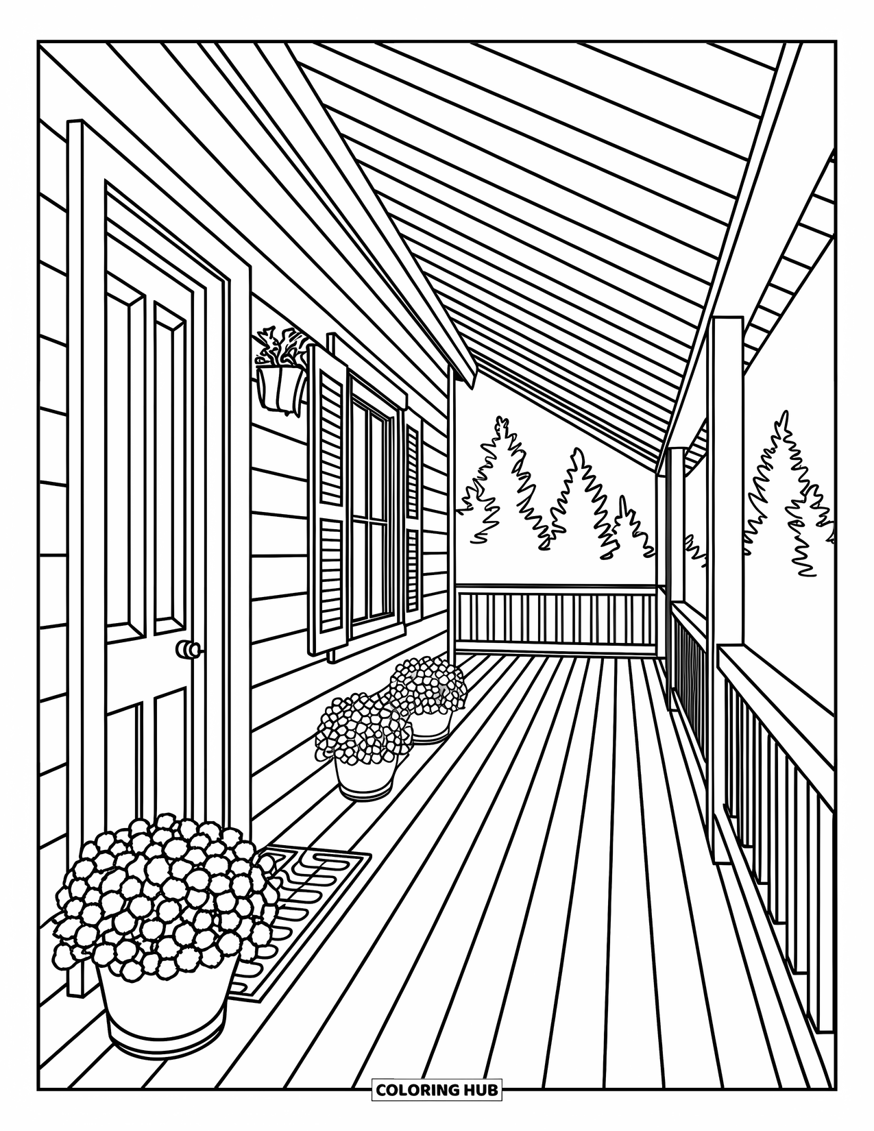 Cabin Coloring Page for Adults: Cabin porch with railing, potted plants, and cozy wooden textures