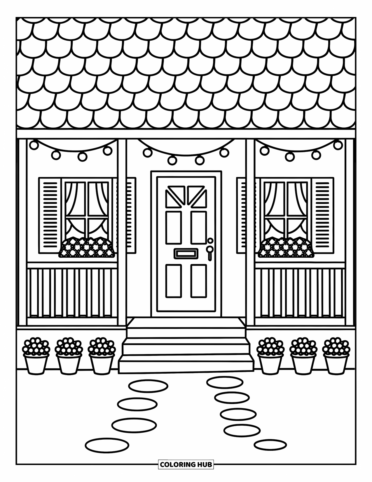 Cabin Coloring Page for Adults: Cabin porch with string lights, stepping stones, and cute curtain windows