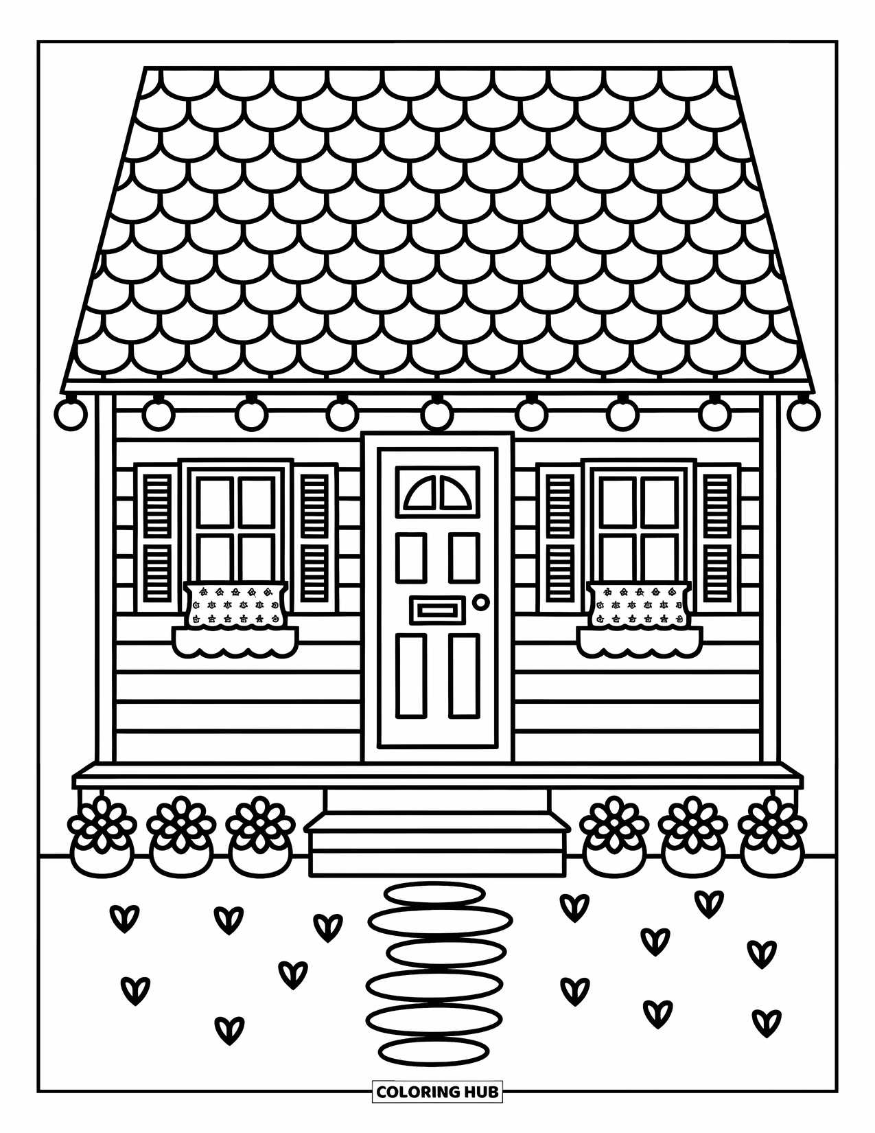 Cabin Coloring Page for Adults: Charming cabin with string lights, shuttered windows, and a cozy flower-lined path