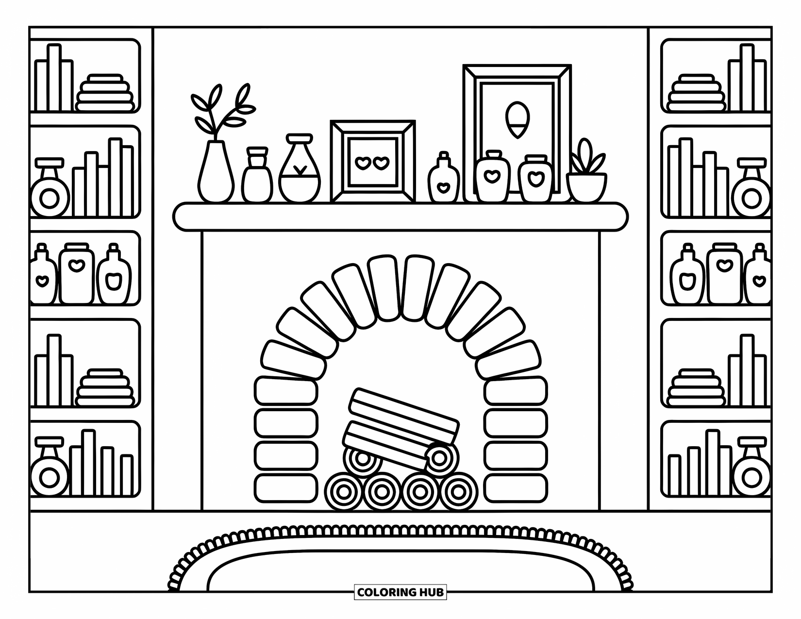 Cabin Coloring Page for Adults: Charming fireplace wall with bookshelves, tiny decor, and a soft scalloped rug below
