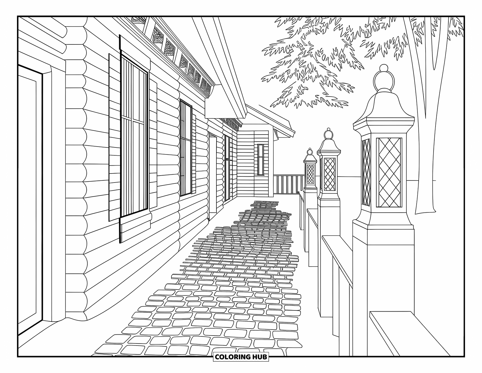 Cabin Coloring Page for Adults: Cobblestone path leading to a cozy cabin with detailed lanterns and siding