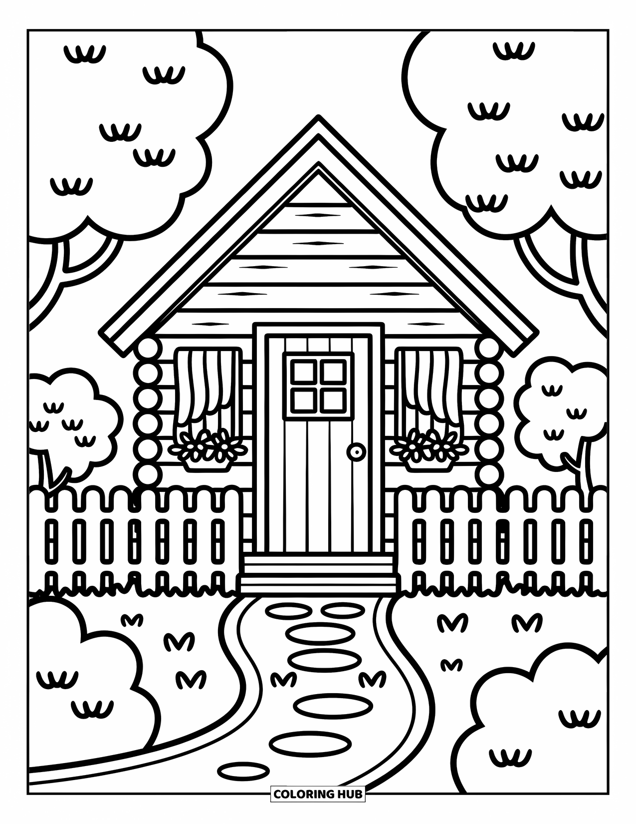 Cabin Coloring Page for Adults: Cozy A-frame cabin with flower box, picket fence, and round stepping stones