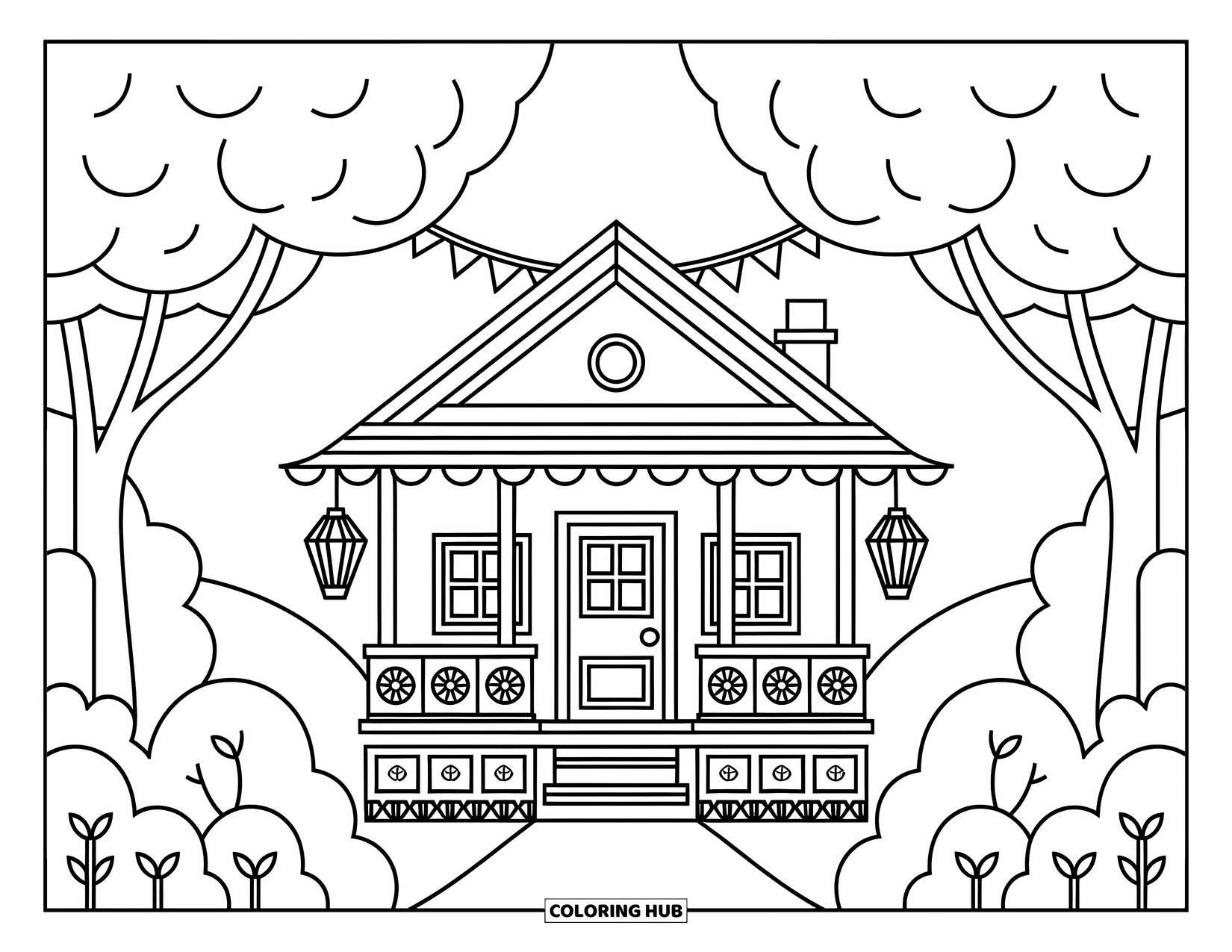 Cabin Coloring Page for Adults: Cozy cabin with flag banner and porch lanterns, nestled in gentle hills and trees