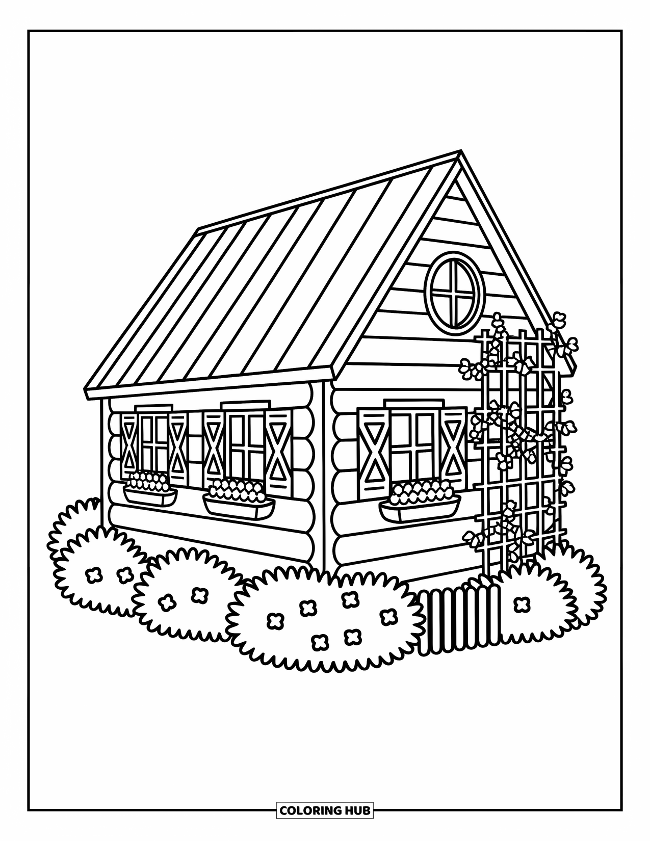 Cabin Coloring Page for Adults: Cozy cabin with vines, shutters, and flowers in a peaceful garden setting