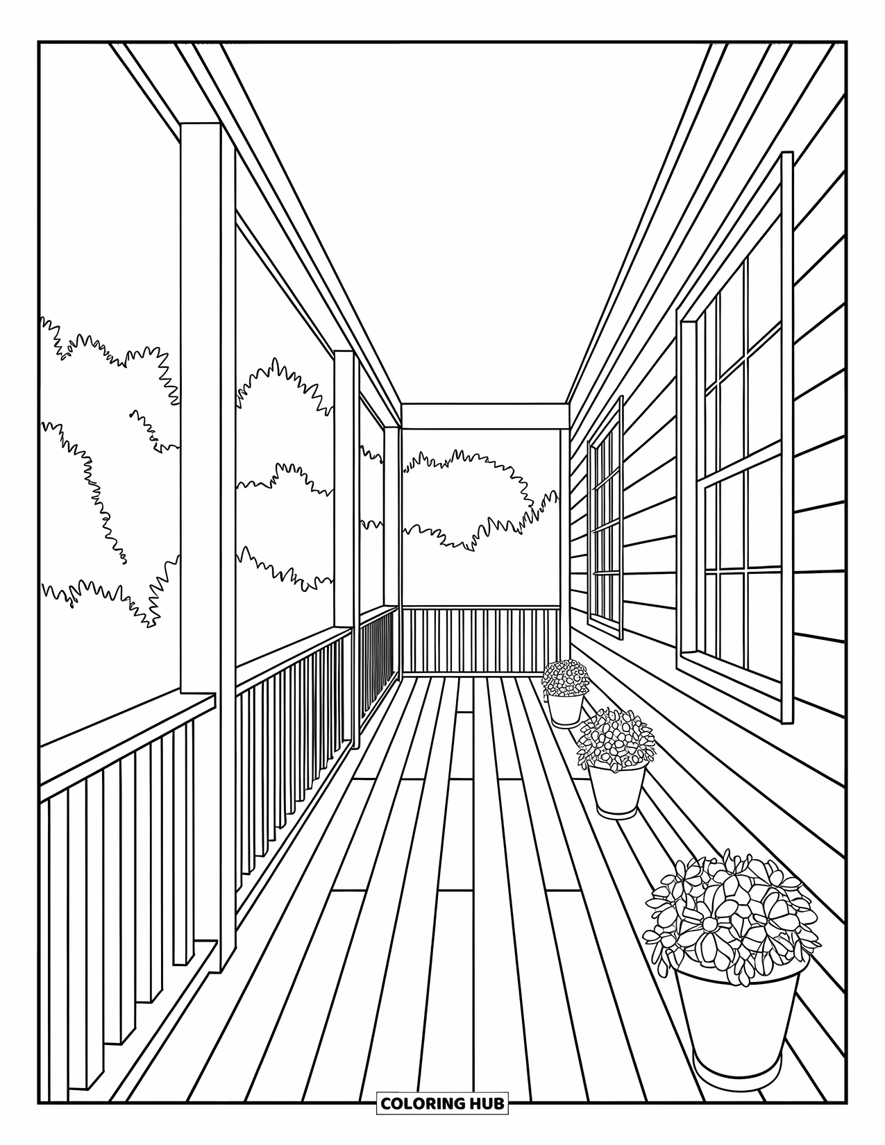 Cabin Coloring Page for Adults: Cozy porch with detailed railings, potted plants, and forest view